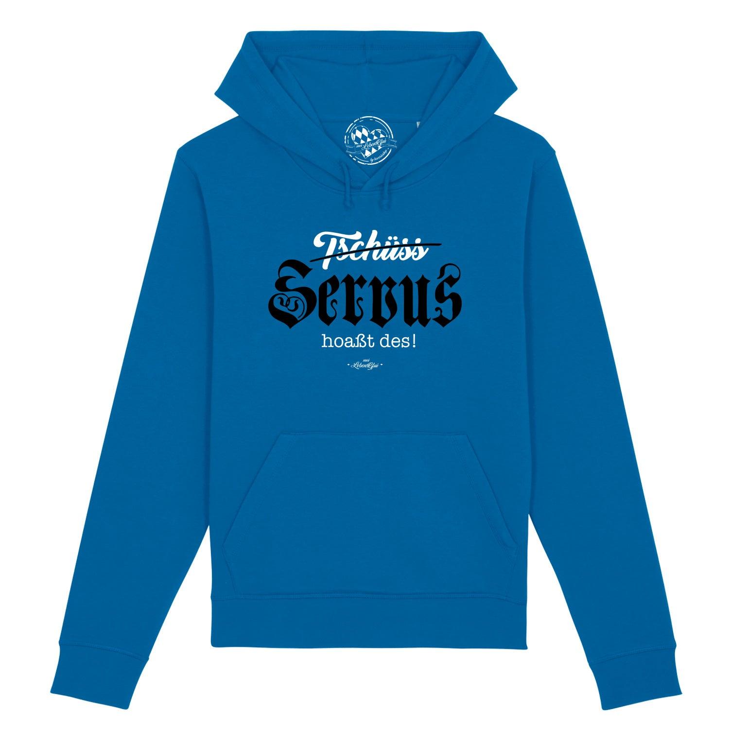Dunkelblauer Herren-Hoodie mit Kapuze, Frontprint „Servus hoaßt des!“, Kängurutasche, Bio-Baumwolle-Mix.