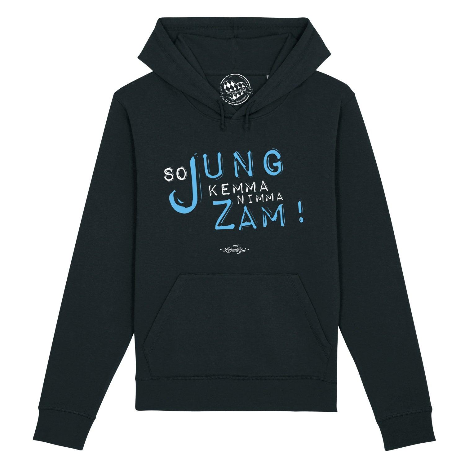 Dunkelblauer Herren-Hoodie mit weißem Frontprint „So jung kemma nimma zamm“, Kängurutasche, Kapuze, Bio-Baumwollmix.