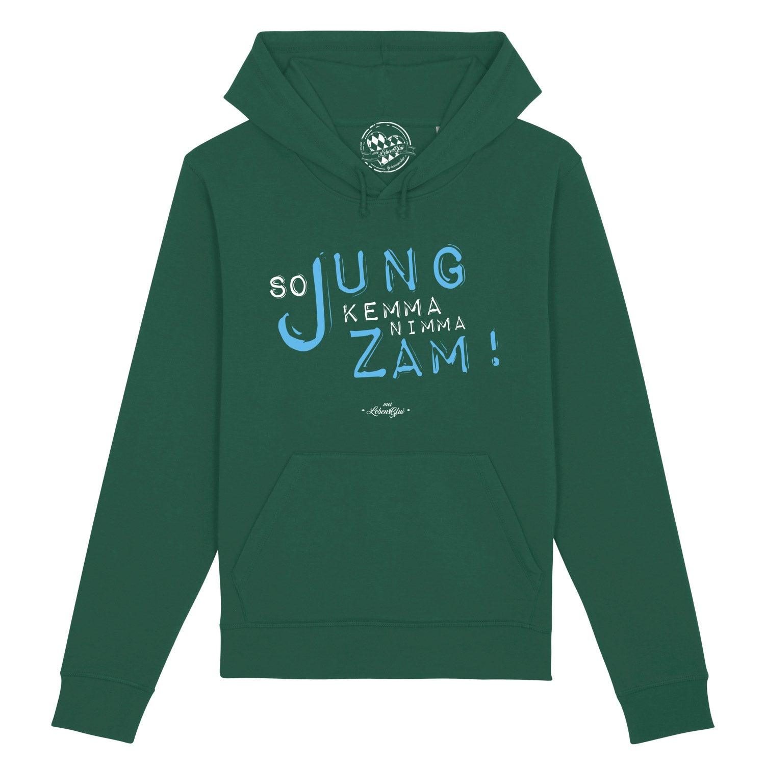 Dunkelblauer Herren-Hoodie mit weißem Frontdruck „So jung kimmst nimma zamm“, Kapuze und Kängurutasche; Bio-Baumwolle.