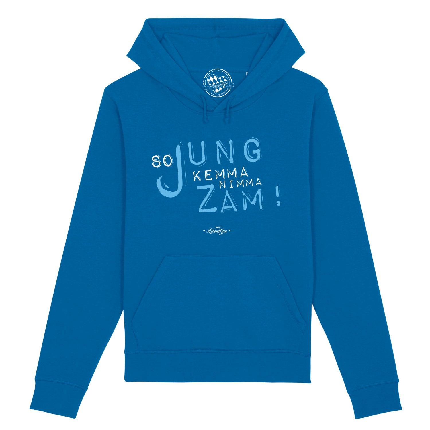 Dunkelblauer Herren-Hoodie mit weißem Schriftzug „So jung samma nimma“, Kängurutasche, Kapuze, Bio-Baumwollmix.