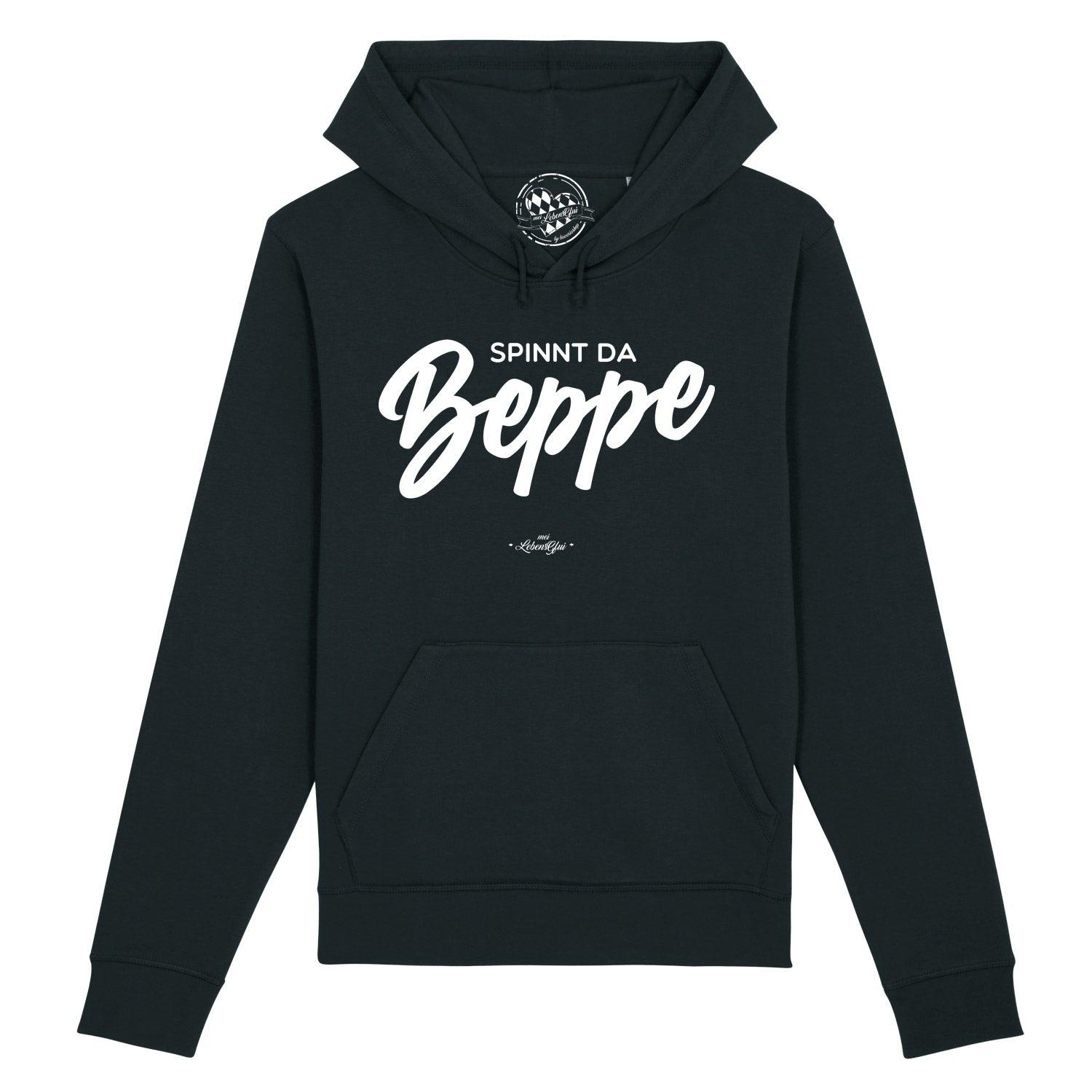 Grauer Herren Hoodie mit weißem Frontprint „Spinnt da Beppe“, Kapuze mit Kordeln, aus Bio-Baumwollmix.