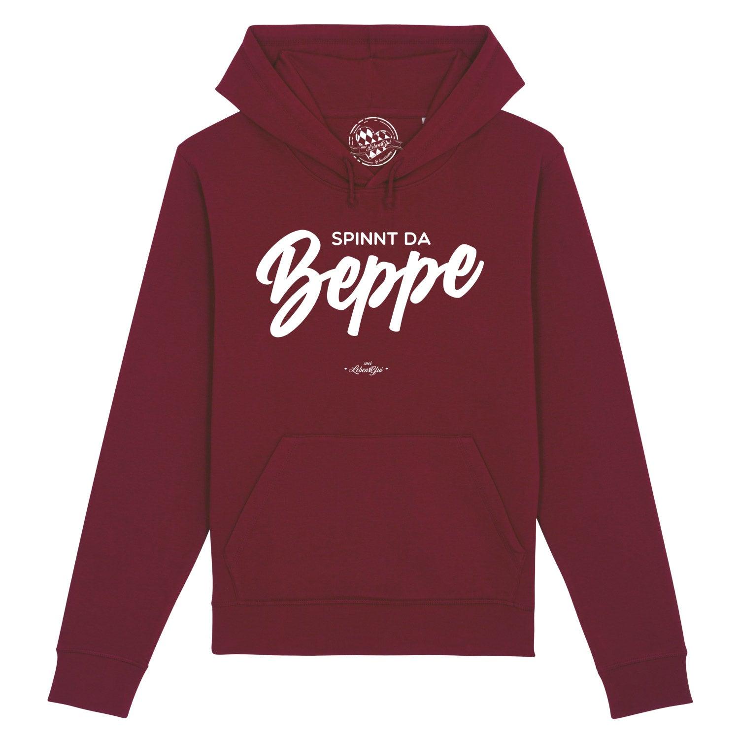 Dunkelblauer Herren-Hoodie mit weißem Frontprint "Spinnt da Beppe", Kapuze, Bio-Baumwolle, Kängurutasche.