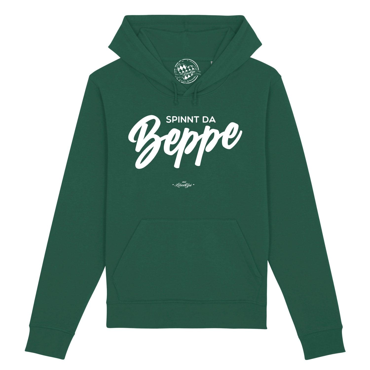 Dunkelgrauer Herren Hoodie mit weißem Schriftzug „Spinnt da Beppe“, Kapuze, Kängurutasche, aus Bio-Baumwolle.