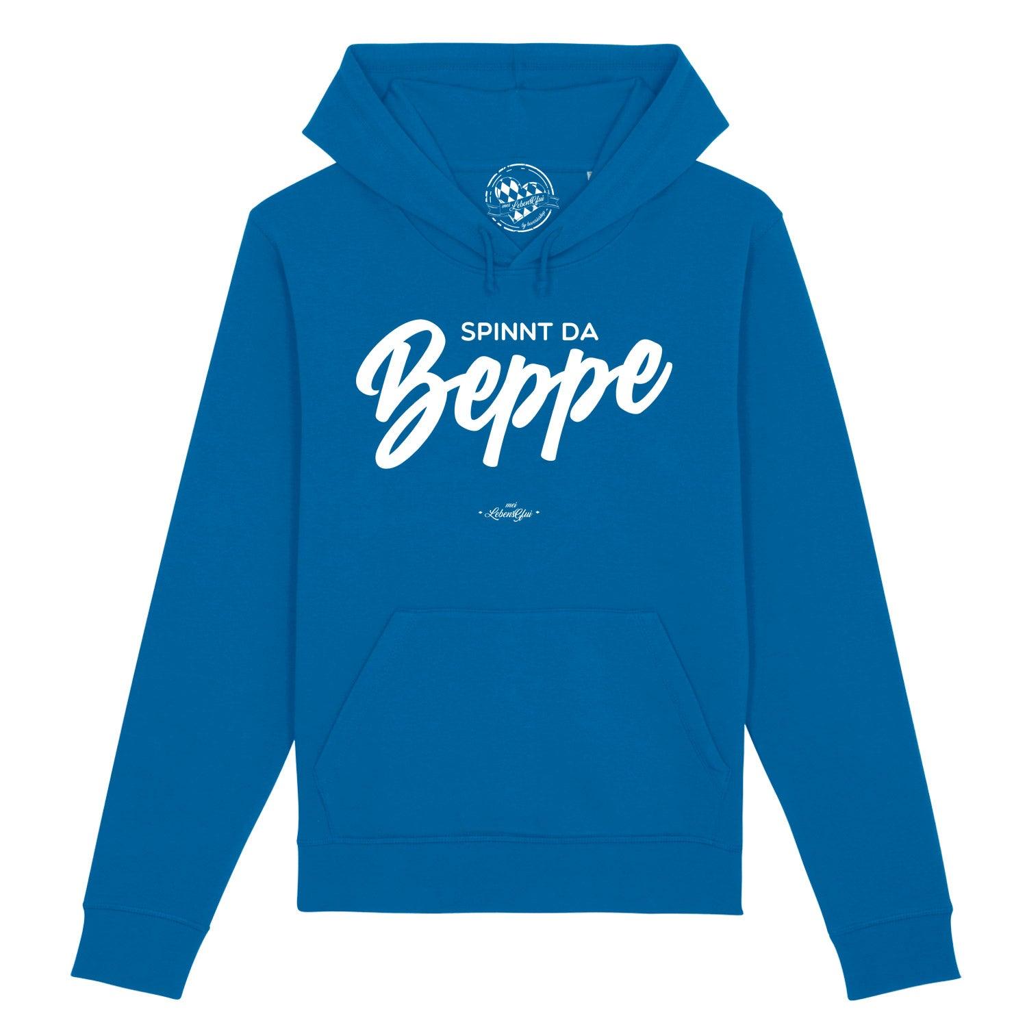 Herren Hoodie in Dunkelblau mit weißem Frontprint „Spinnt da Beppe“, Kapuze, Kängurutasche, Bio-Baumwollmix.