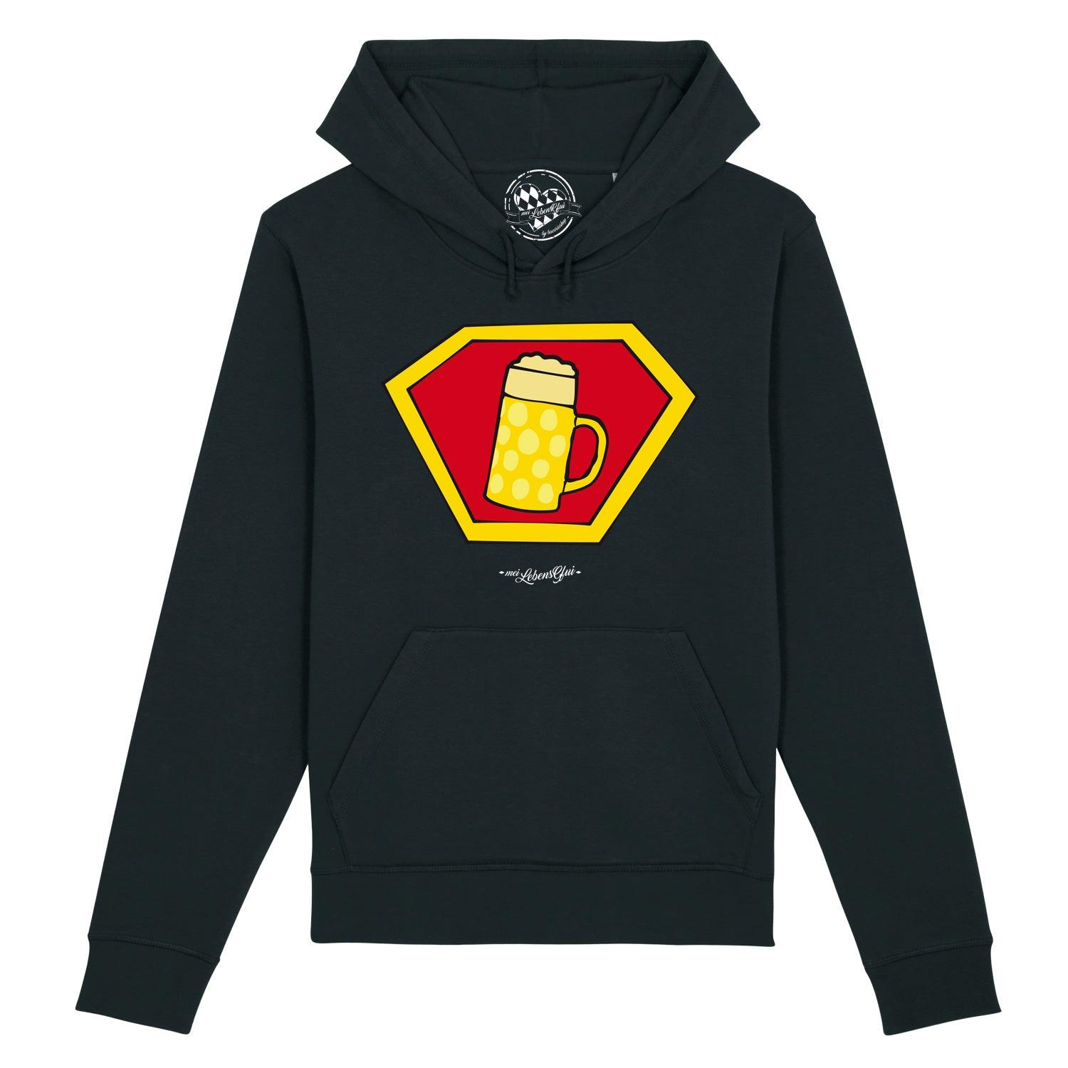Dunkelblauer Herren-Hoodie mit großem Superheld-Bierkrug-Motiv und weißem Schriftzug „Super-Bierkrug“, Bio-Baumwolle.