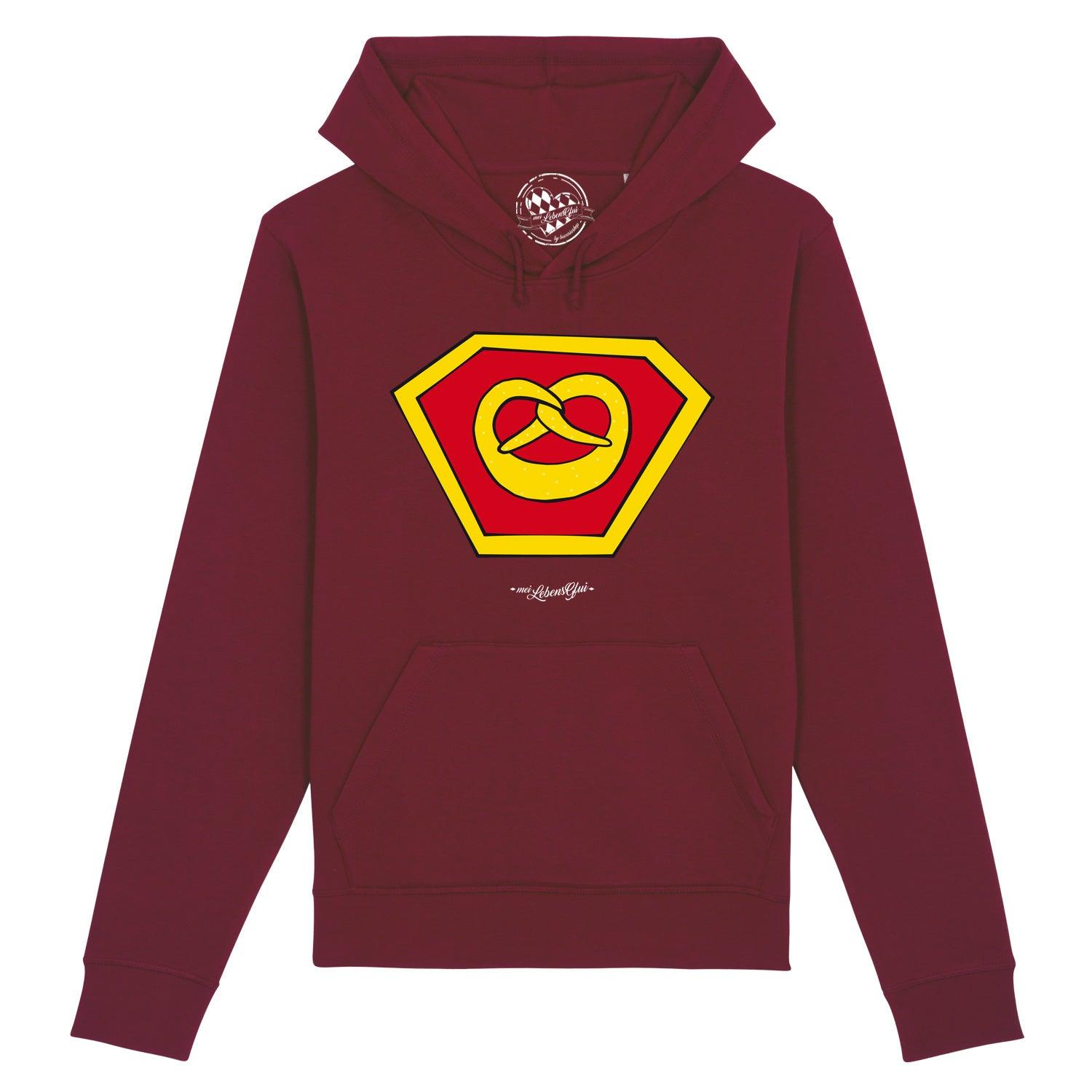 Grauer Herren Hoodie mit bunter Superhelden-Brezn und weißem Schriftzug „Super-Brezn“ auf der Brust; Bio-Baumwolle.