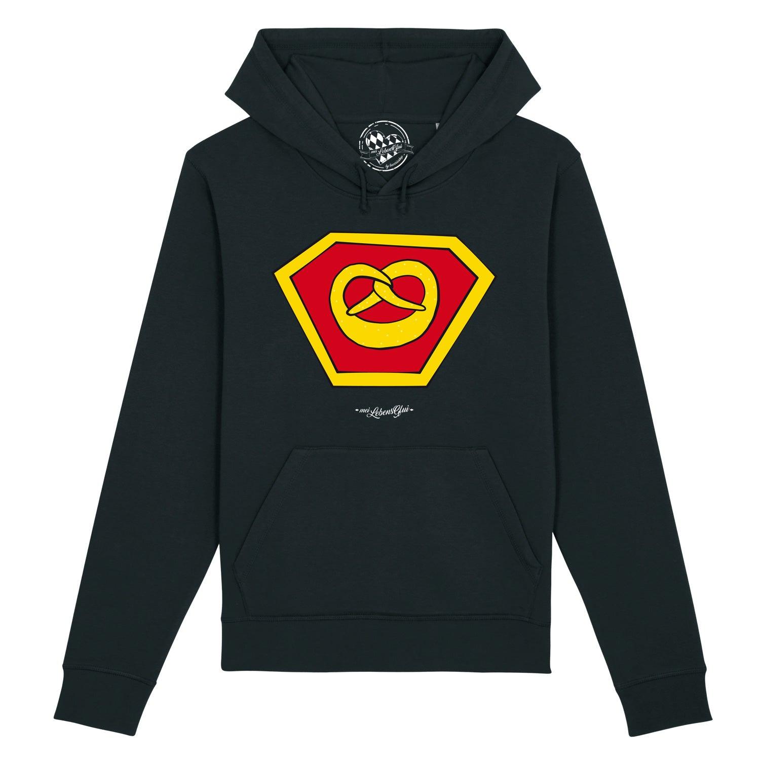 Grauer Herren-Hoodie mit großem, farbigem Brezn-Superhelden-Motiv und Schriftzug „Super Brezn“, Kapuze, Kängurutasche.