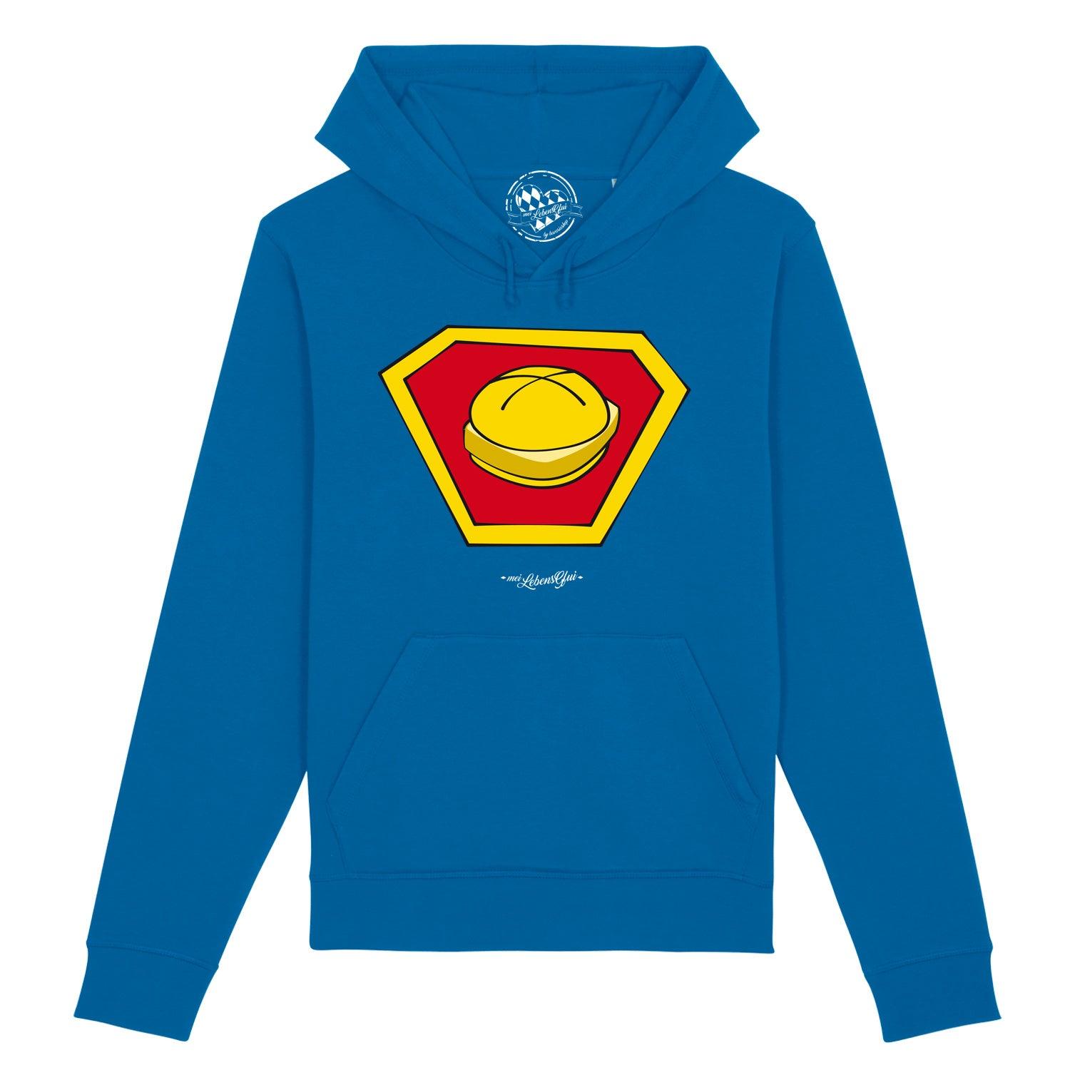 Dunkelblauer Herren-Hoodie mit weißem „Super-Lewakaas“-Schriftzug, Kapuze, Kängurutasche, Bio-Baumwolle-Mix.