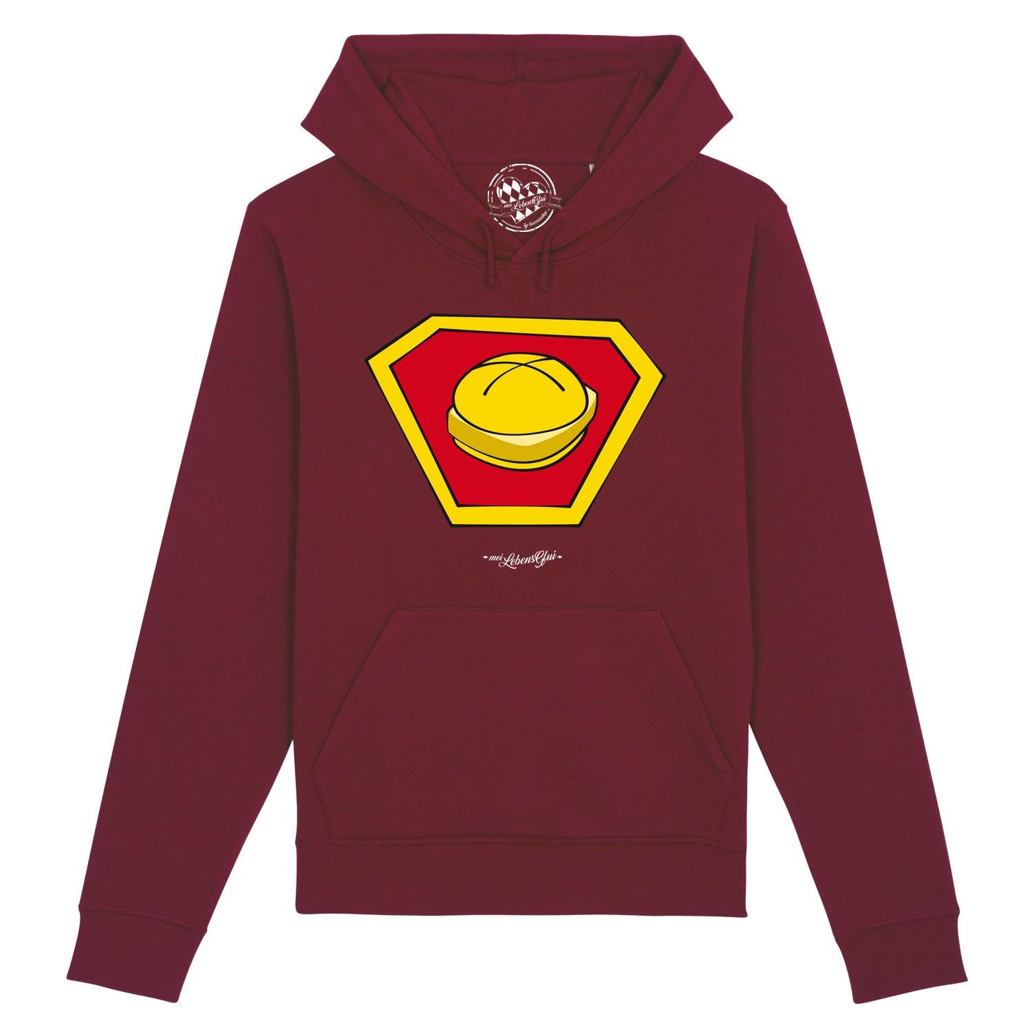 Dunkelblauer Herren-Hoodie mit weißem "Super-Lewakaas"-Schriftzug, Kapuze und Kängurutasche, aus Bio-Baumwolle.