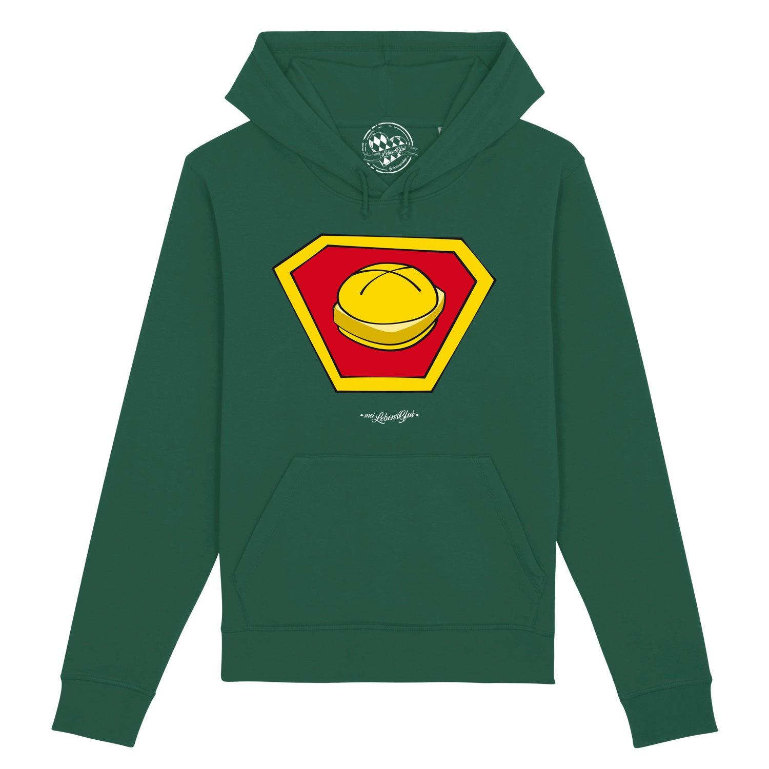 Dunkelblauer Herren-Hoodie mit gelbem „Super Lewakaas“-Schriftzug, Kapuze, Kängurutasche, aus Bio-Baumwolle.