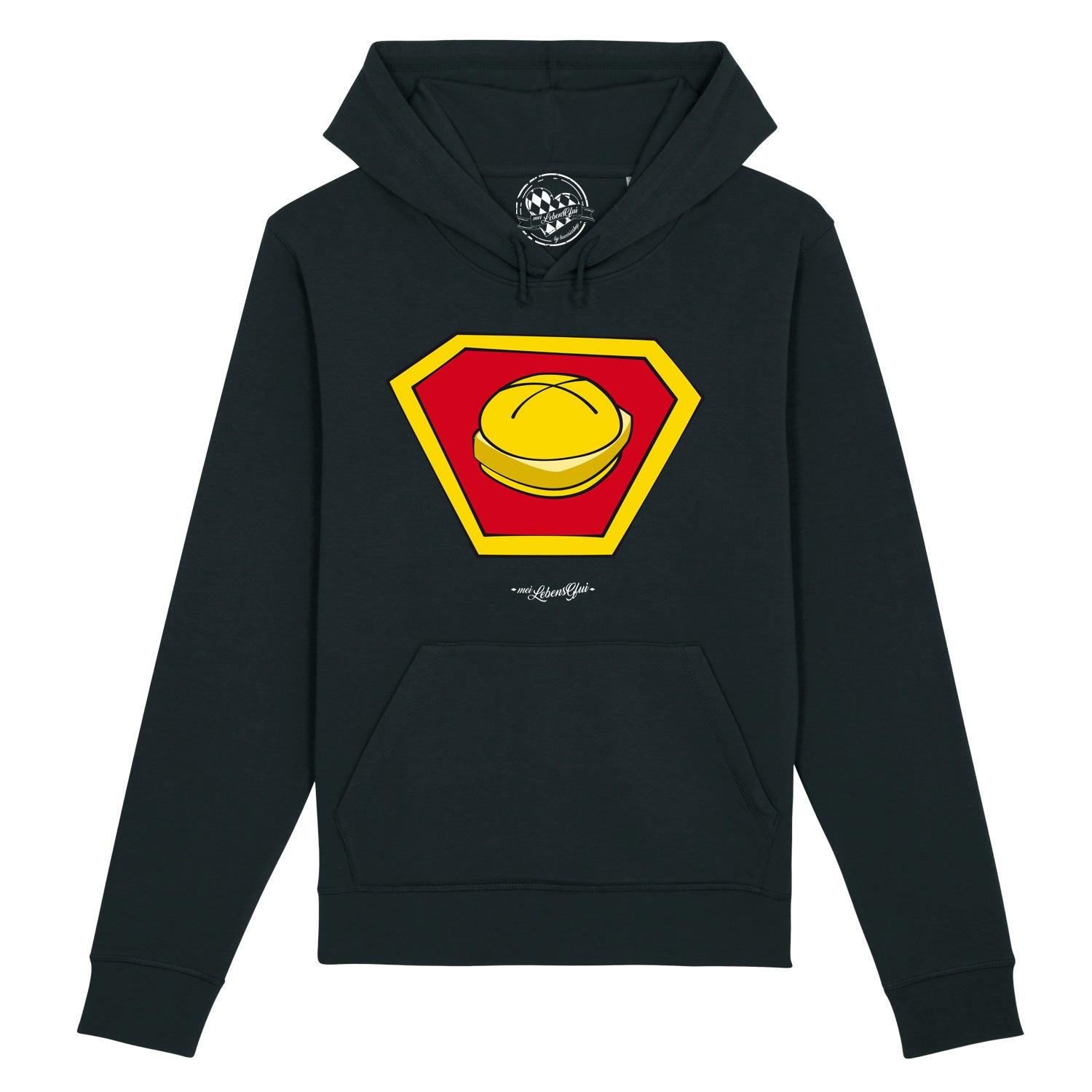 Dunkelblauer Herren-Hoodie mit weißem „Super-Lewakaas“-Schriftzug, Kapuze und Kängurutasche; Bio-Baumwolle-Mix.