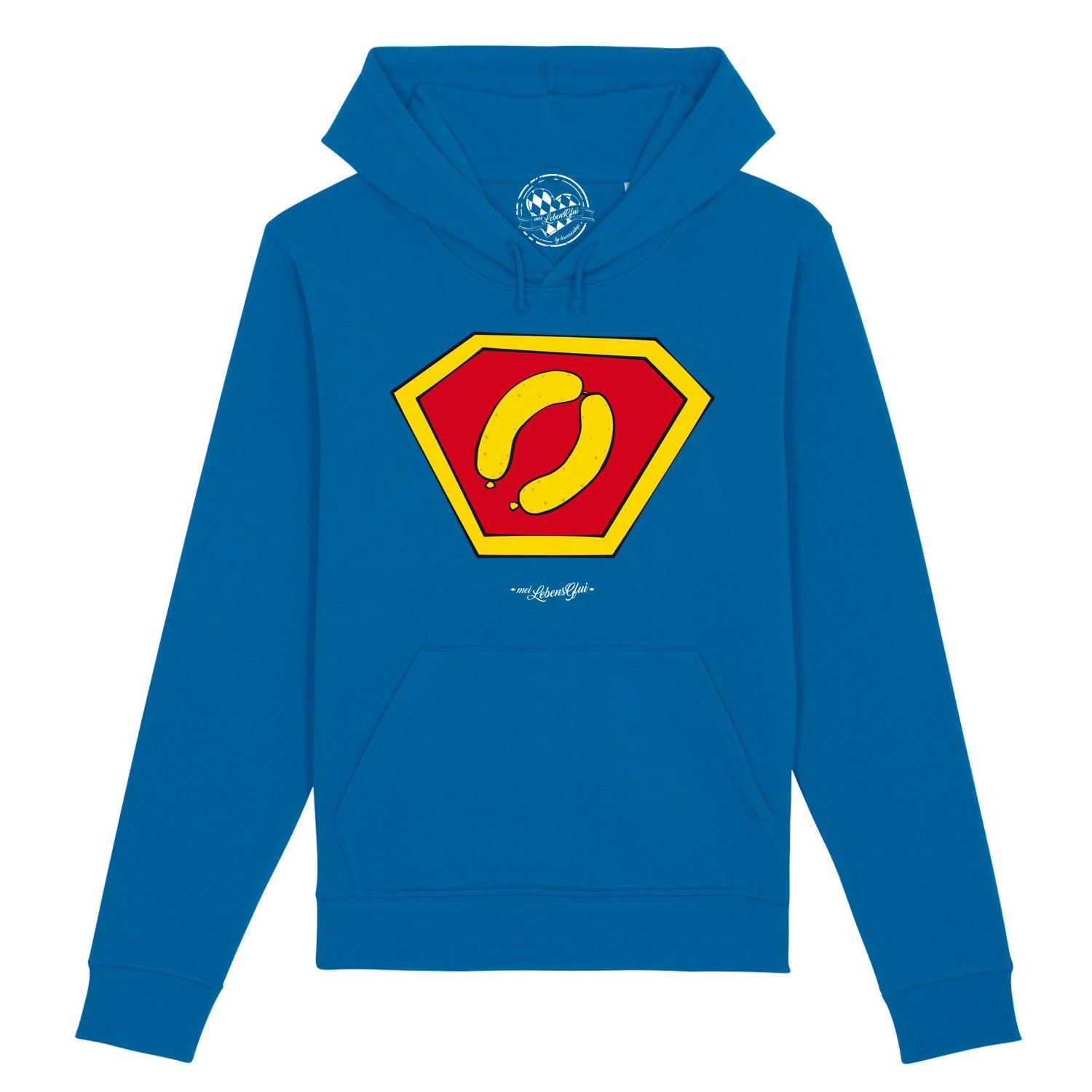 Weißer Herren-Hoodie mit Kapuze, Brustdruck „Super-Weißwurscht“, Kängurutasche, Bio-Baumwollmix in 85/15.