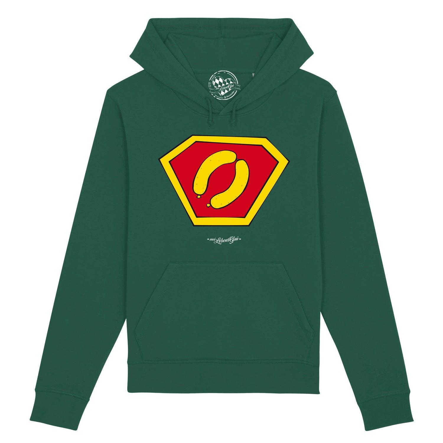 Weißer Herren-Hoodie mit bunter "Super-Weißwurscht"-Grafik, Kapuze, Kängurutasche, aus Bio-Baumwollmix.