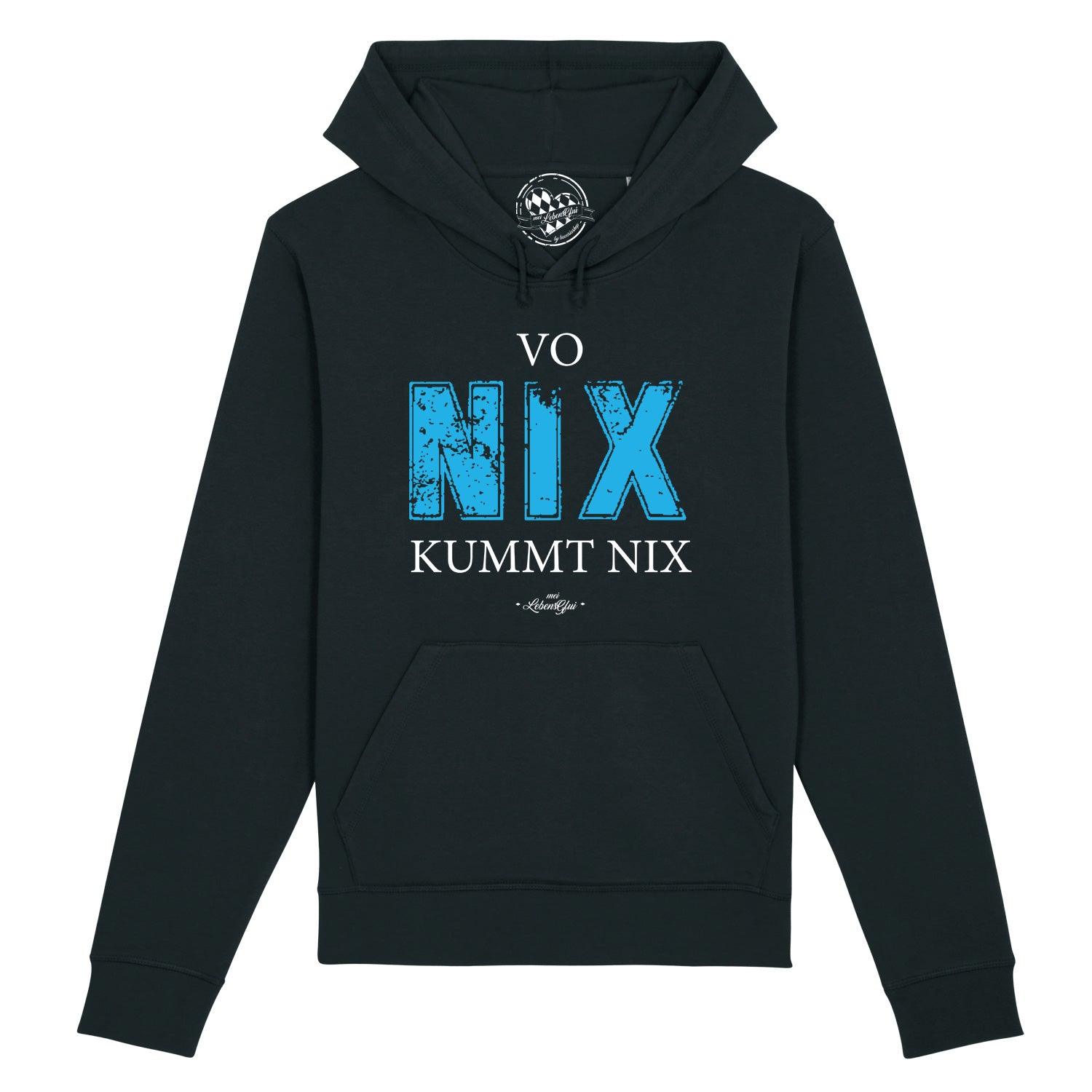 Dunkelblauer Herren Hoodie mit weißem Frontprint „Vo nix kummt nix“, Kapuze und Kängurutasche, Bio-Baumwollmix.