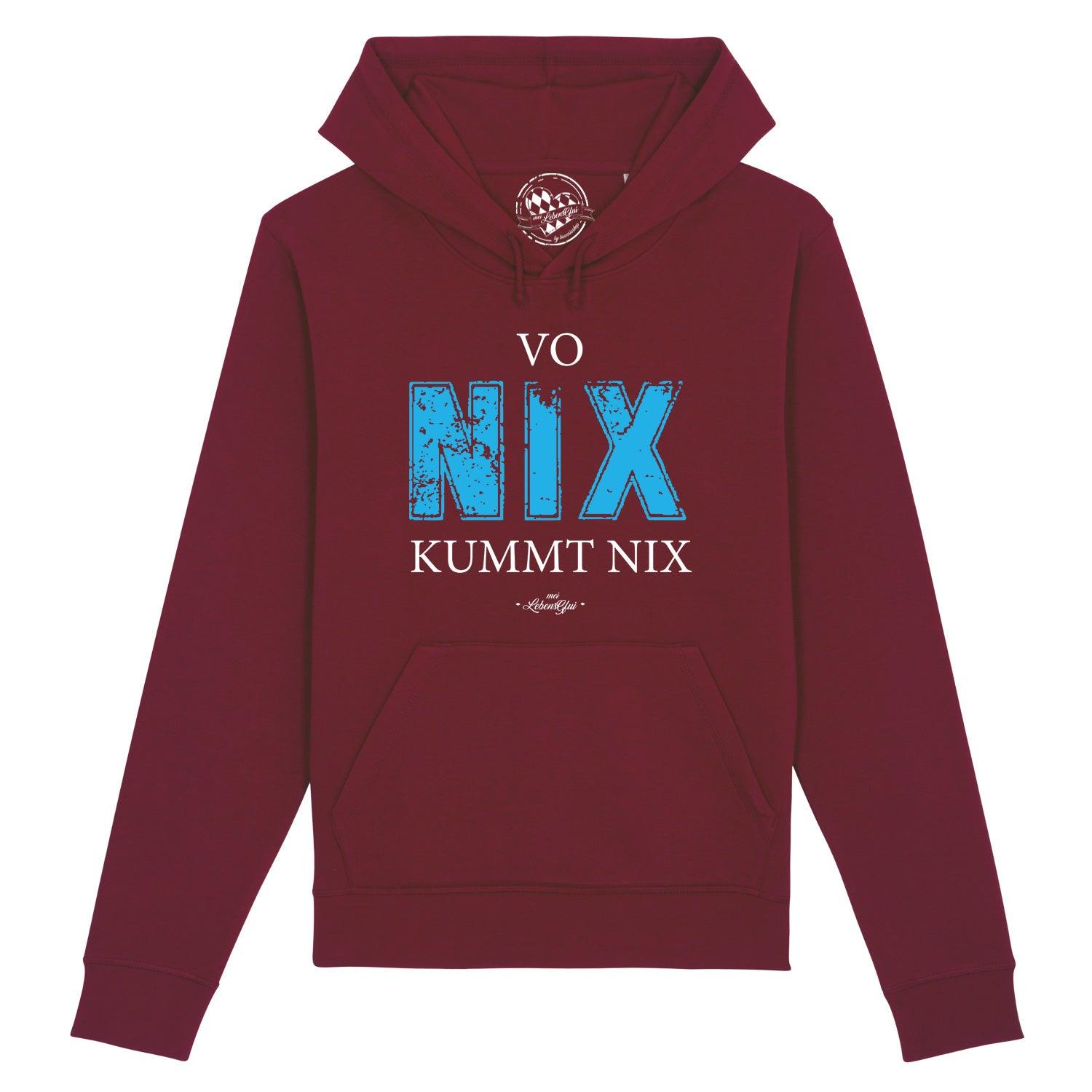 Dunkelblauer Herren Hoodie mit weißem Front-Schriftzug „Vo nix kummt nix“, Kapuze und Kängurutasche aus Bio-Baumwollmix