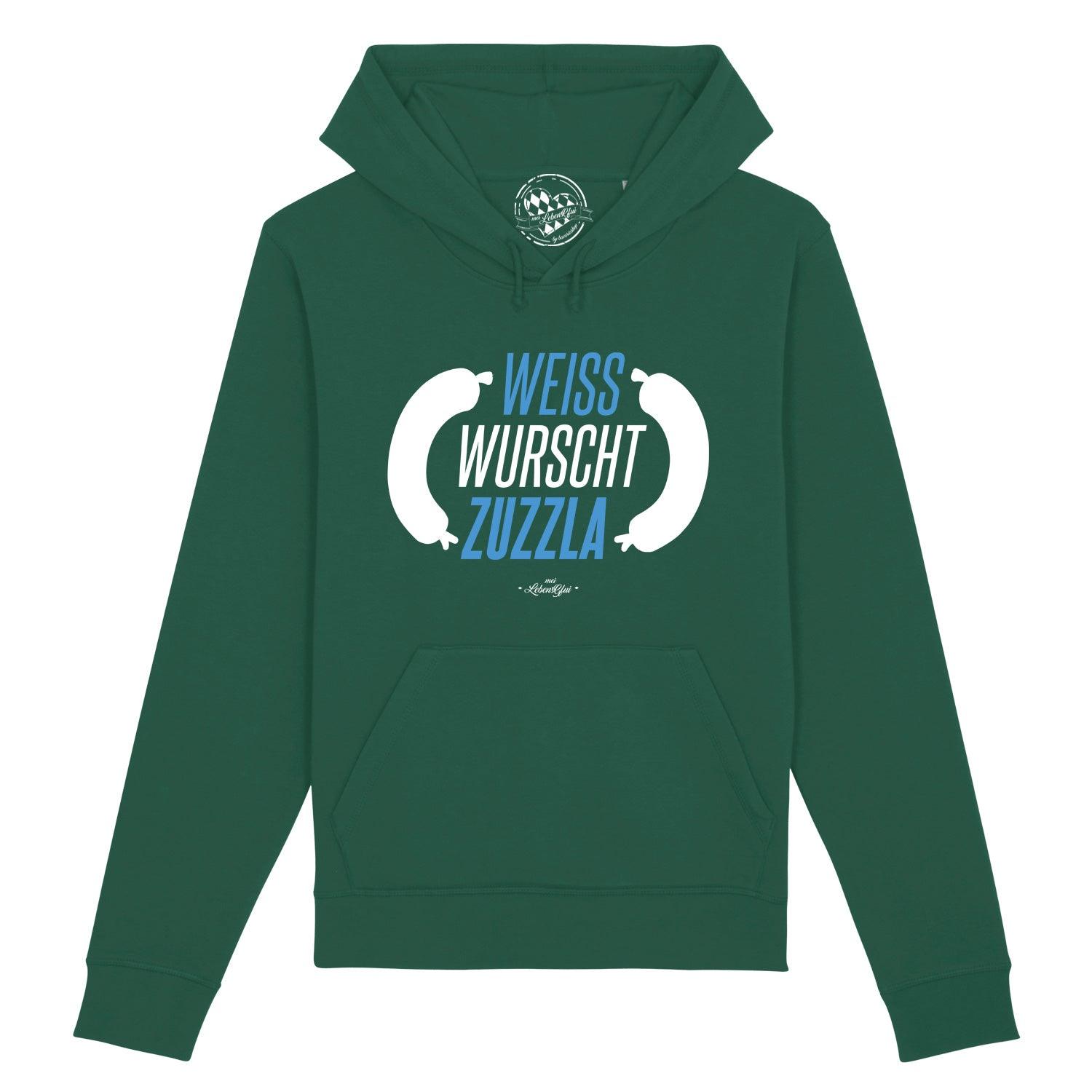 Weißer Herren-Hoodie mit Kapuze, Frontprint „Weisswurschtzuzzla“, Brusttasche, aus Bio-Baumwolle und Recycling-Polyester.