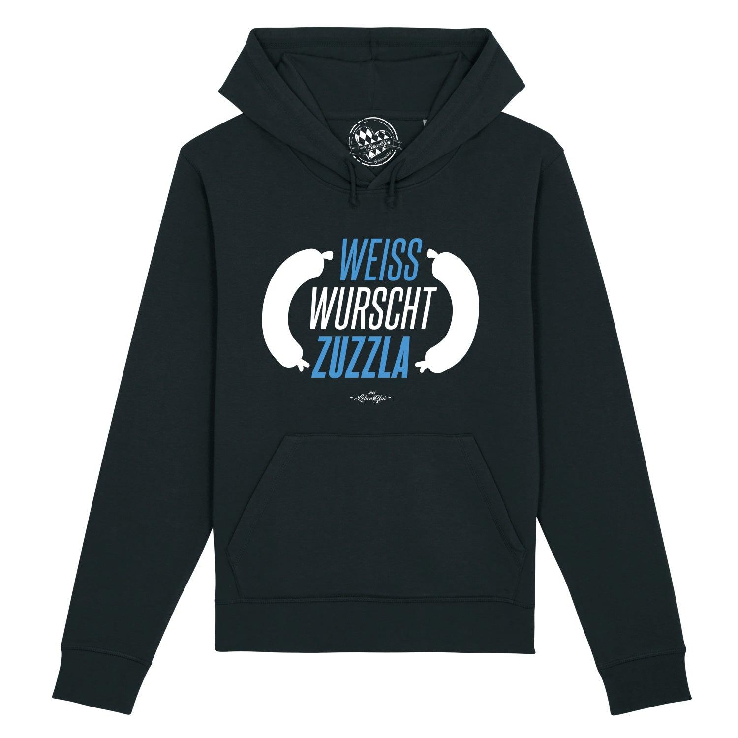 Weißer Herren-Hoodie mit Kapuze, Brustprint „Weisswurschtzuzzla“, Kängurutasche, Bio-Baumwolle-Mix, Regular Fit