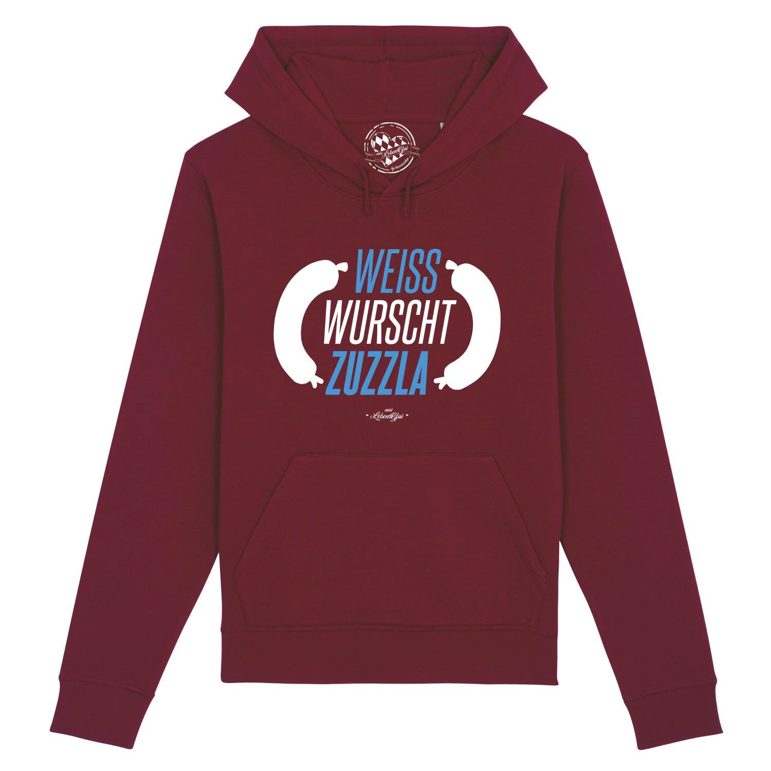Weißer Herren-Hoodie mit schwarzem Schriftzug „Weisswurschtzuzzla“, Kapuze, Kängurutasche, aus Bio-Baumwolle und recyceltem Polyester.