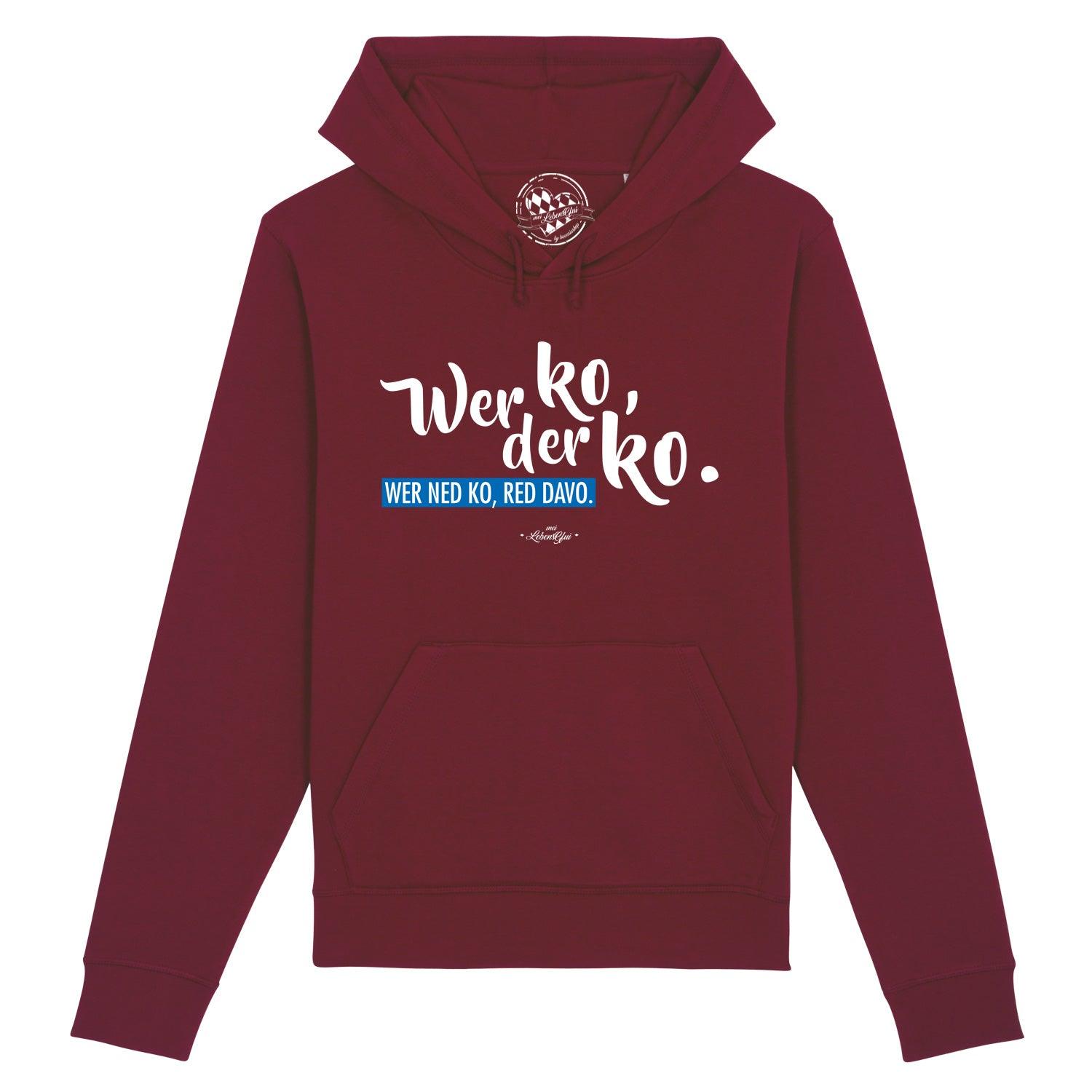 Dunkelblauer Herren-Hoodie mit weißem Frontprint „Wer ko, der ko“, Kapuze, Kängurutasche, Bio-Baumwollmix.