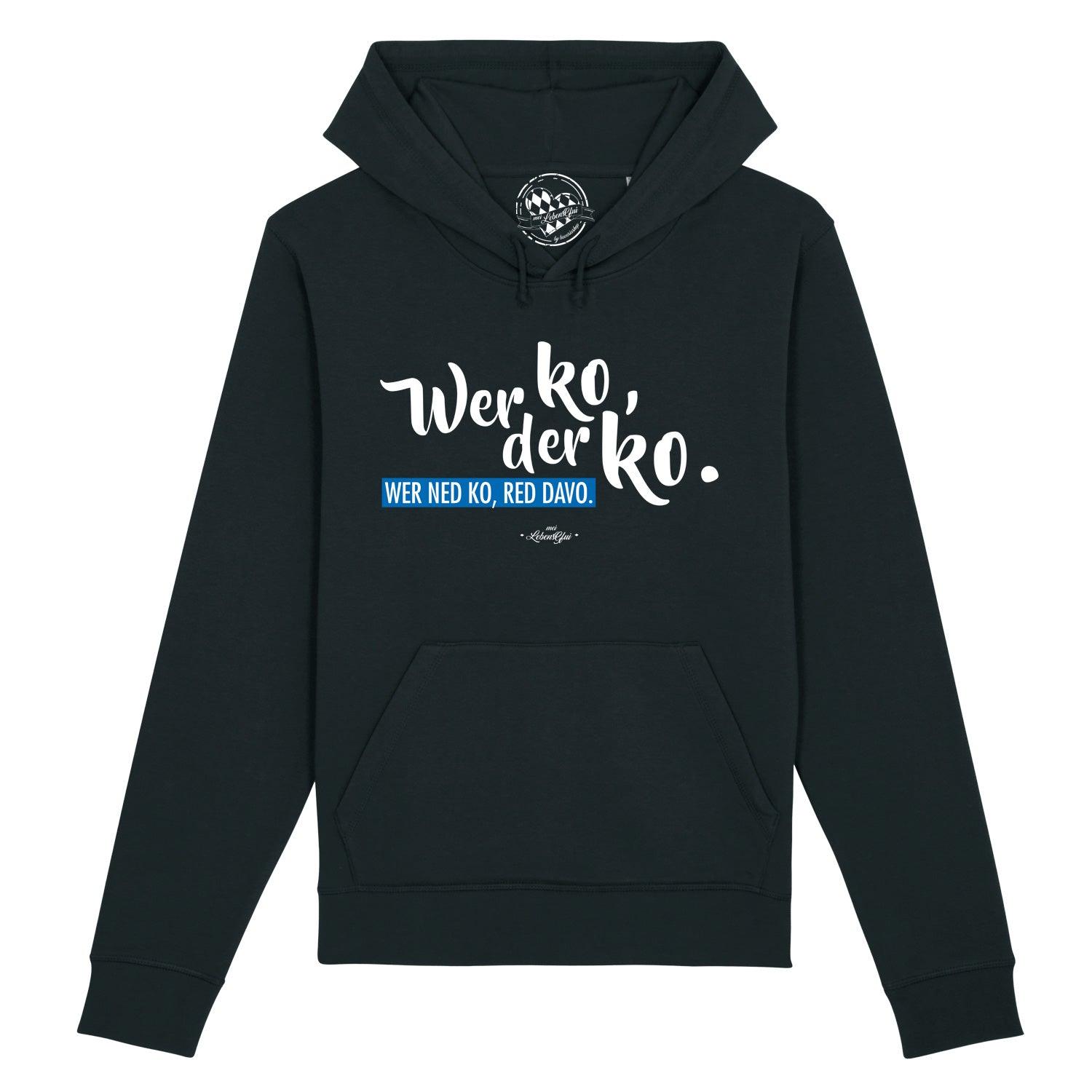 Grauer Herren-Hoodie mit weißem Schriftzug „Wer ko, der ko“, Kapuze, Kängurutasche und Bündchen; Bio-Baumwollmix.