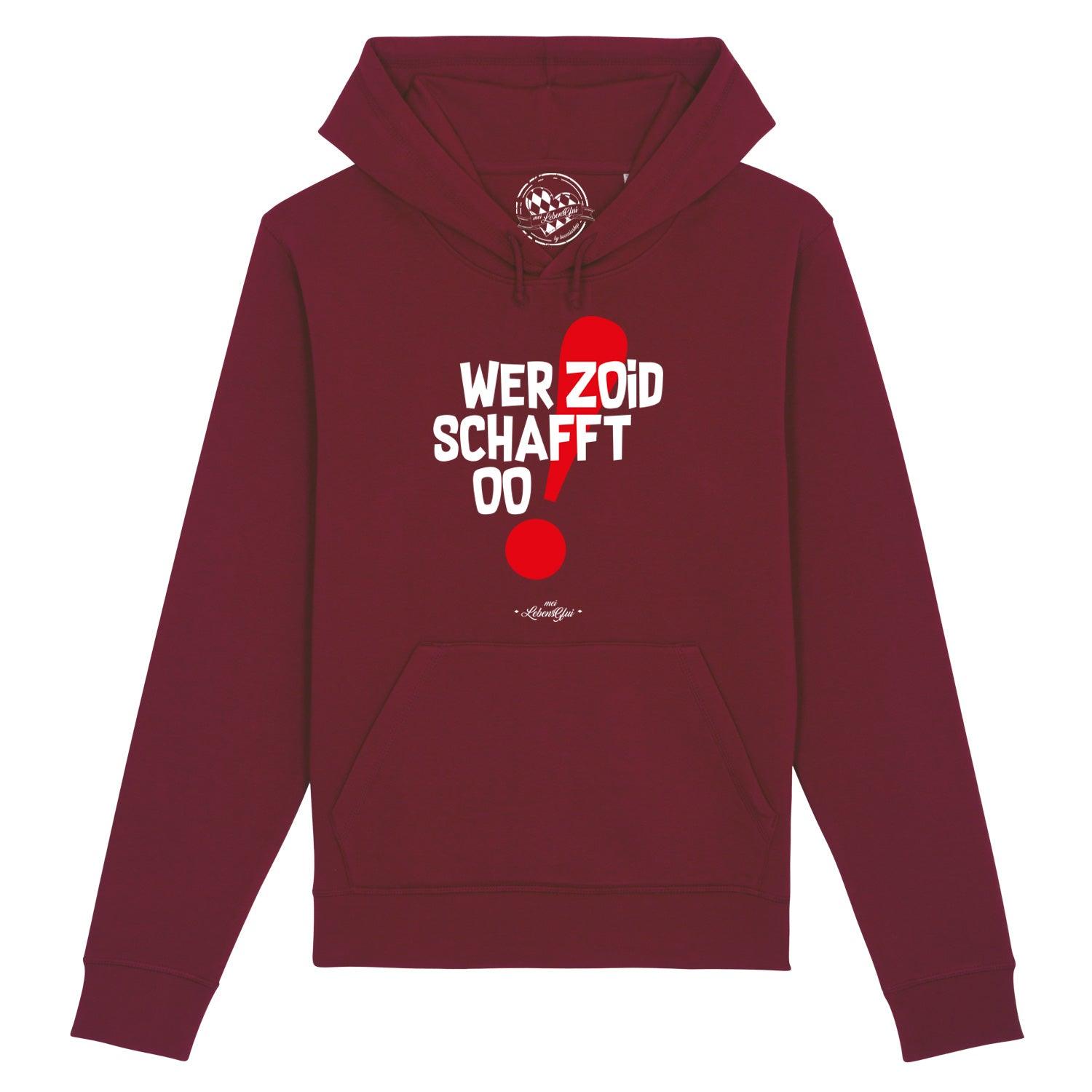 Dunkelblauer Herren-Hoodie mit weißem Frontprint „Wer zoid, schafft oo!“, Kapuze, Kängurutasche, Bio-Baumwollmix.