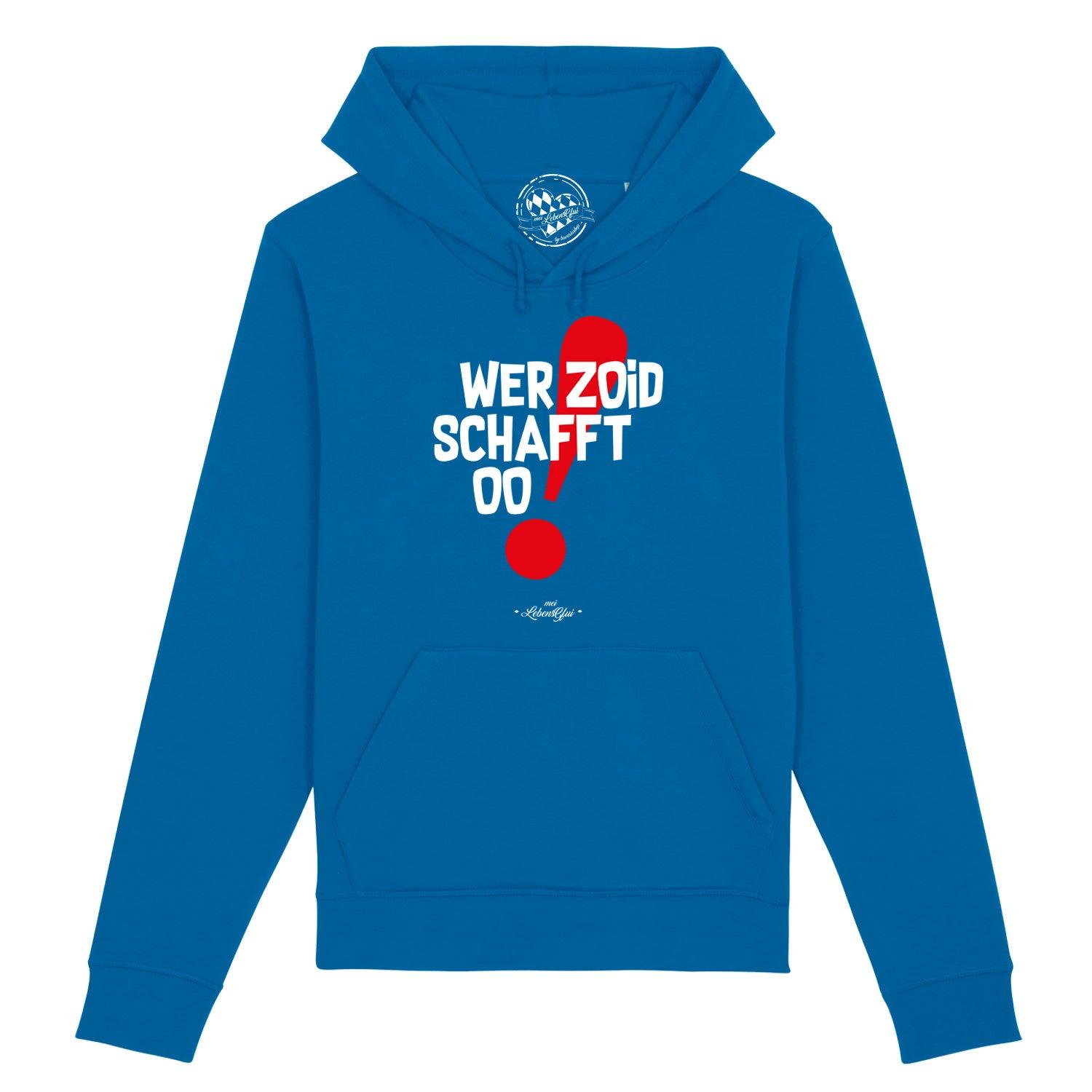 Dunkelblauer Herren Hoodie mit weißem Frontprint „Wer zoid, schafft oo!“, Kapuze, Kängurutasche, Bio-Baumwollmix.