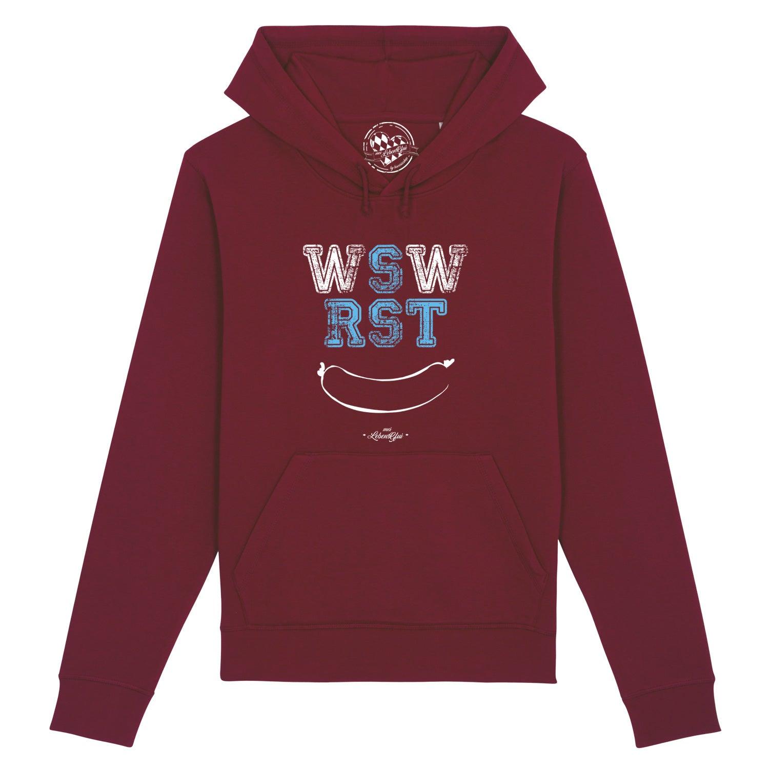 Dunkelblauer Herren-Hoodie mit weißem WSWRST-Schriftzug, Kapuze, Kängurutasche, aus Bio-Baumwolle und Recycling-Polyester.