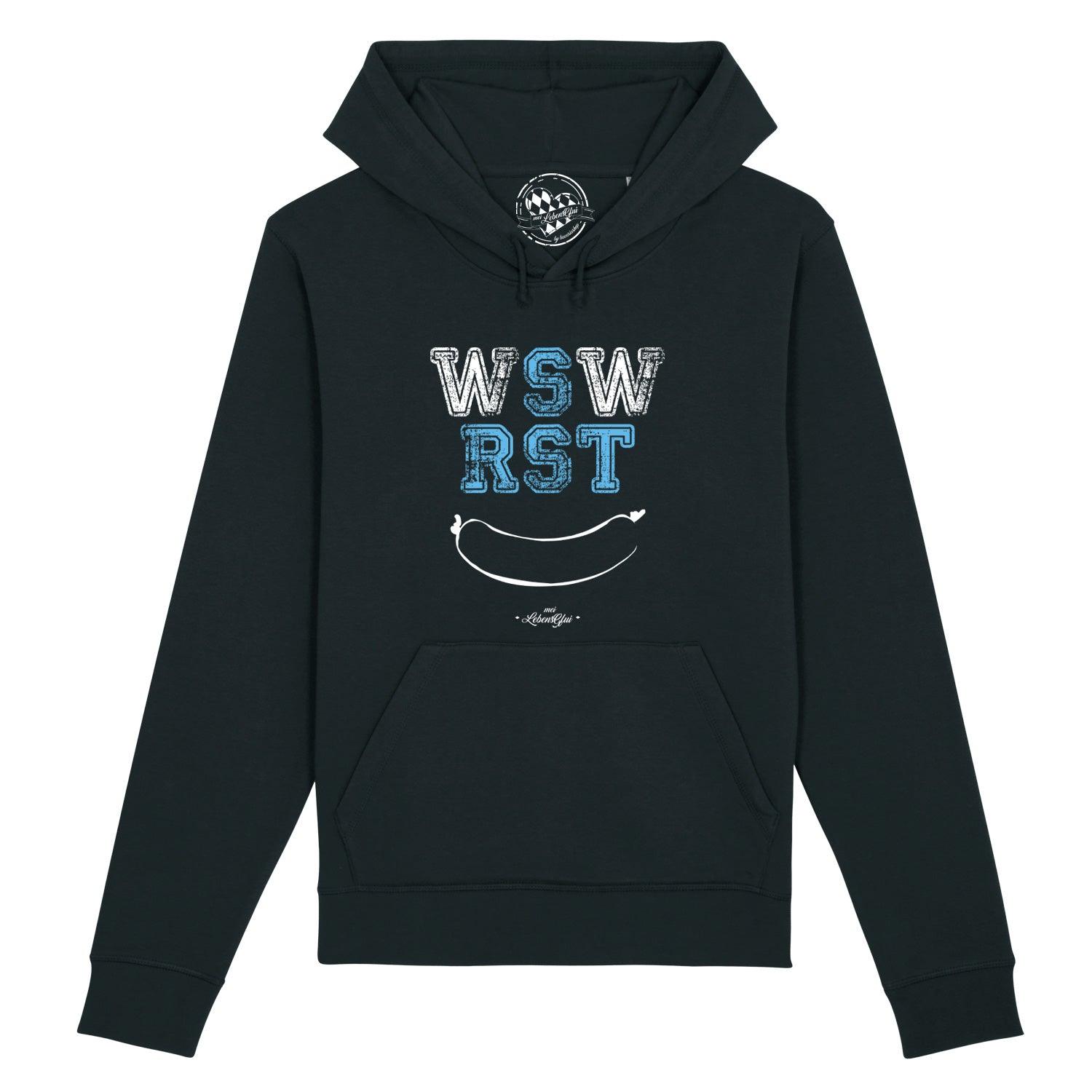 Grauer Herren-Hoodie mit Kapuze, Kängurutasche und weißem Frontprint „WSWRST“ in serifenloser Schrift; 85 % Bio-Baumwolle, 15 % recyceltes Polyester.