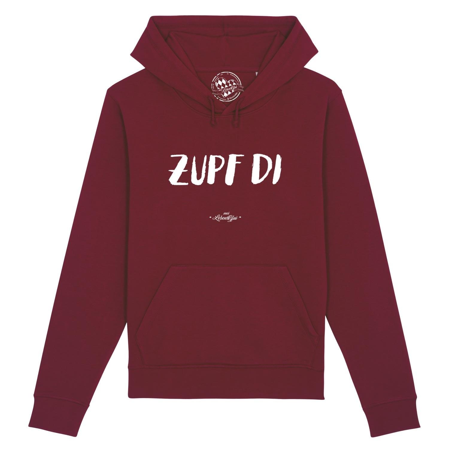 Herren Hoodie mit Kapuze und Kängurutasche, vorne sichtbarer Schriftzug „Zupf di“, Bio-Baumwollmix.