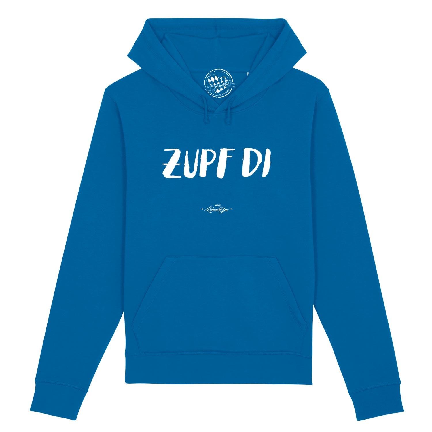 Herren Hoodie mit Kapuze, Frontdruck „Zupf di“, Kängurutasche, aus Bio-Baumwolle und recyceltem Polyester.