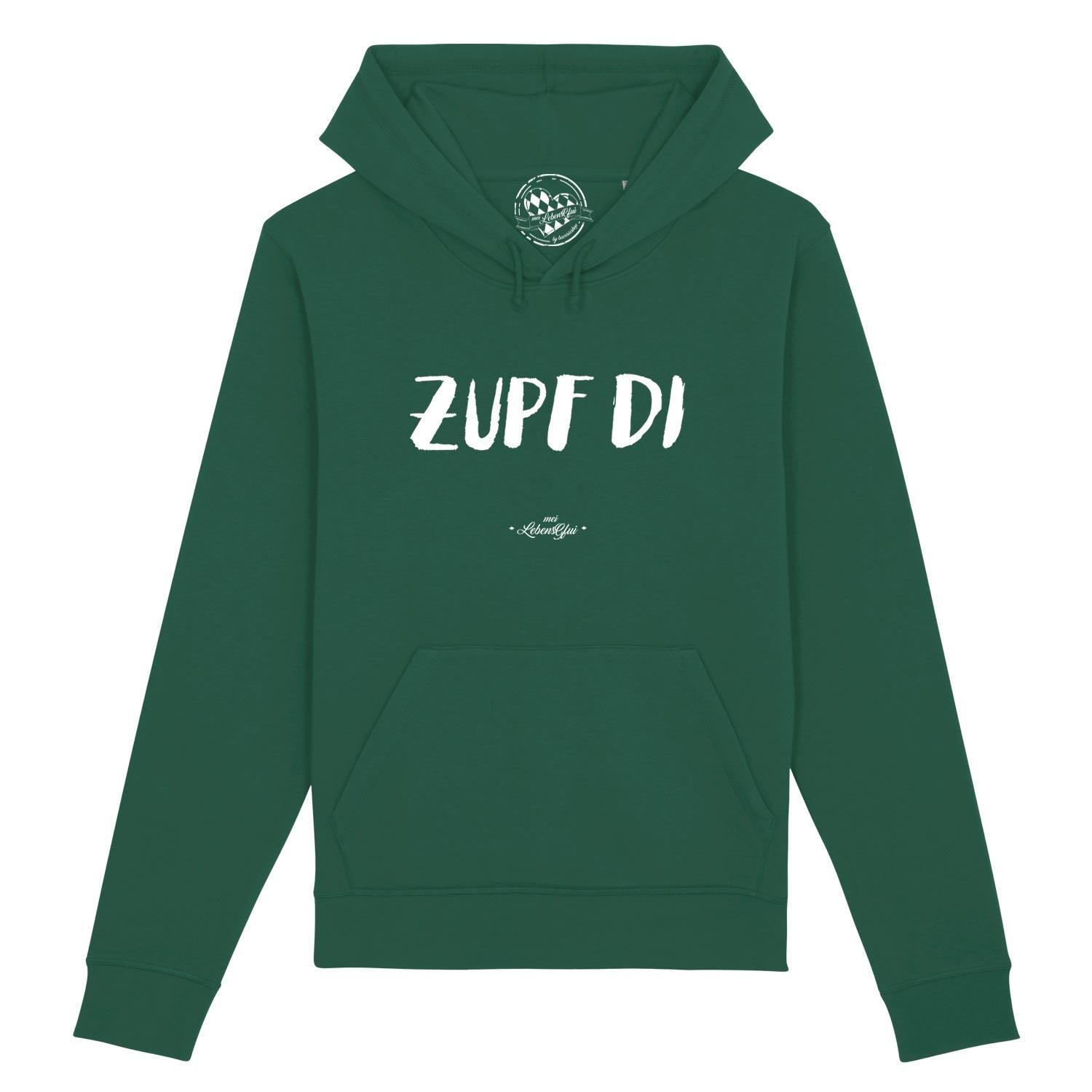 Herren Hoodie mit Kapuze, Fronttasche und sichtbarem „Zupf di“ Schriftzug, aus Bio-Baumwolle und recyceltem Polyester.