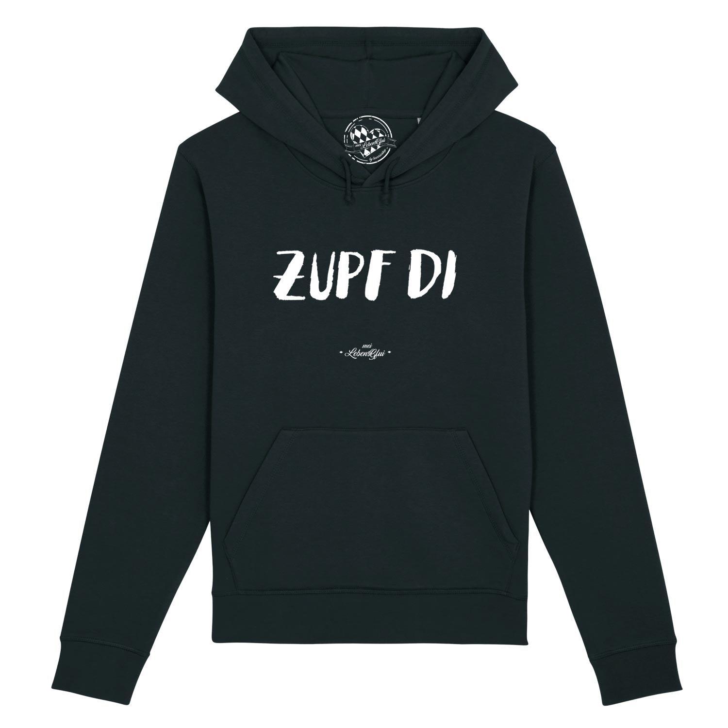Herren Hoodie mit Kapuze und Frontprint „Zupf di“, aus Bio-Baumwolle und recyceltem Polyester.