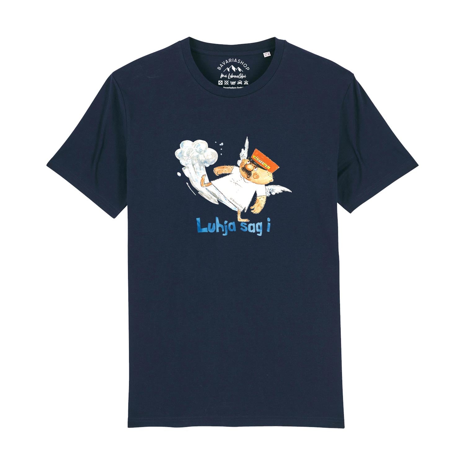 Herren T-Shirt mit Engel-Aloisius-Motiv und bayerischem Schriftzug „Luhja sag i“, aus 100 % Bio-Baumwolle.