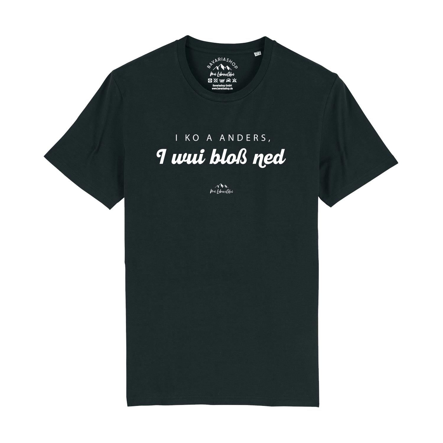 Schwarzes Herren T-Shirt mit weißem Schriftzug „I ko a anders…“ aus 100 % Bio-Baumwolle, modern geschnitten.