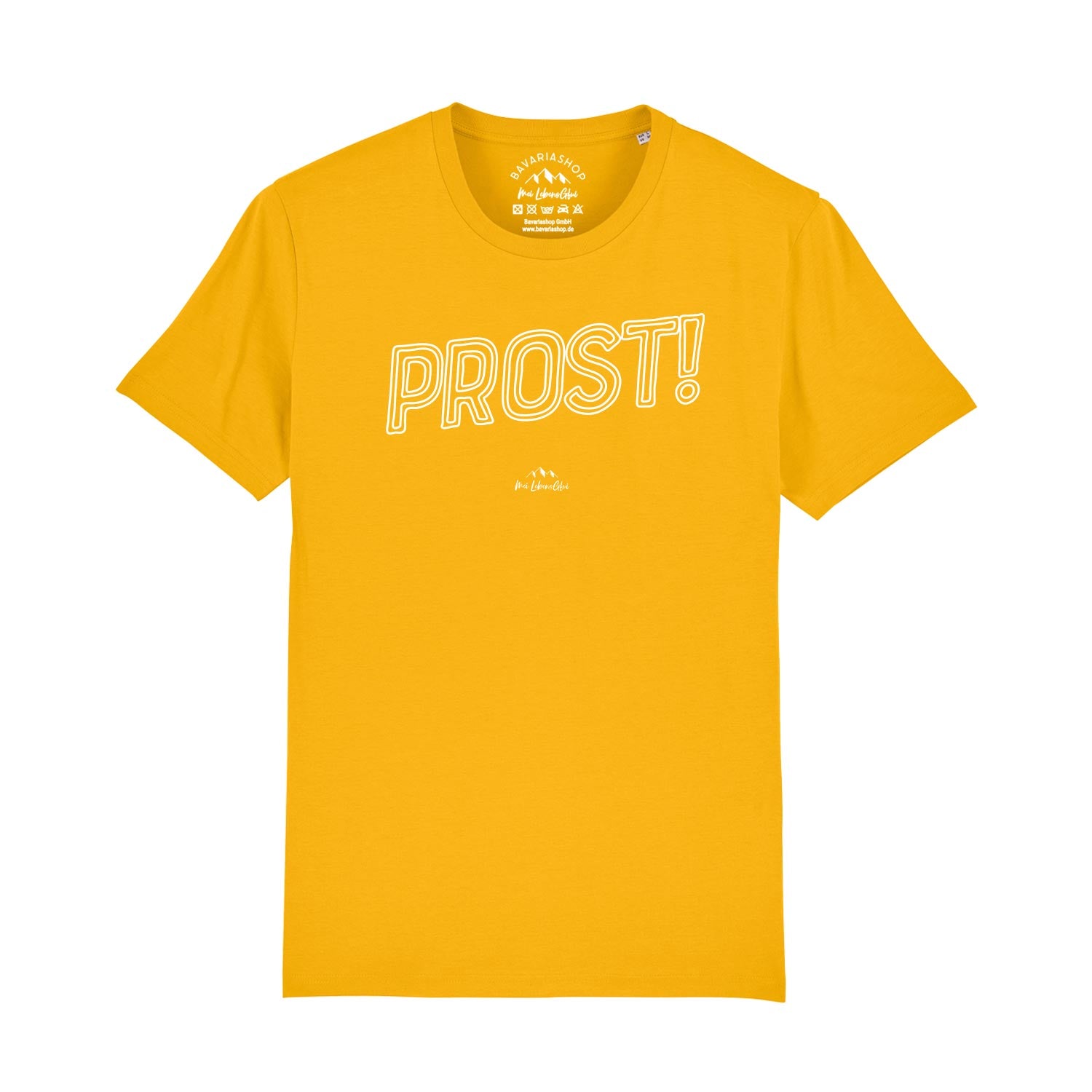 Gelbes Herren-T-Shirt mit schwarzem „Prost!“-Schriftzug in Druckschrift, aus 100 % Bio-Baumwolle.