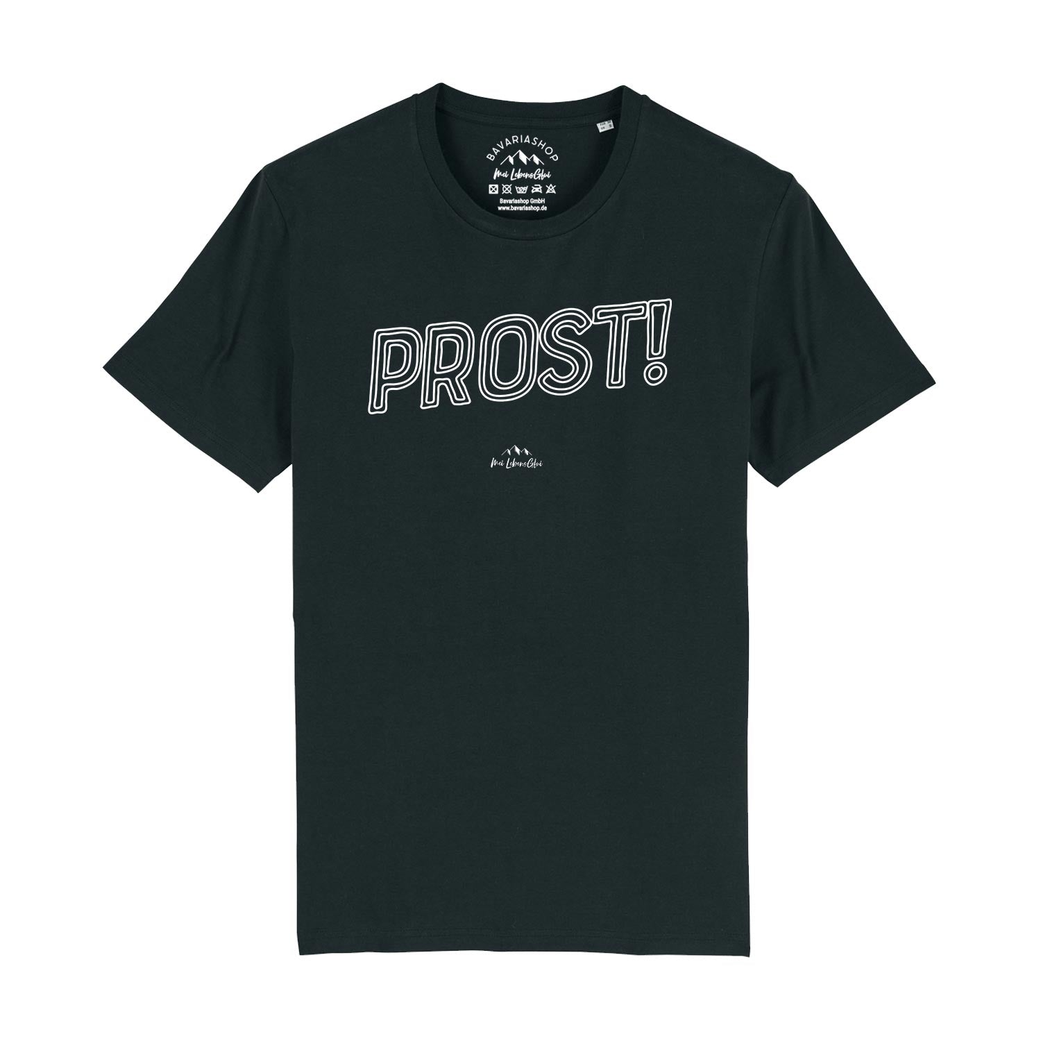 Schwarzes Herren-T-Shirt mit Prost-Schriftzug in Weiß, Rundhalsausschnitt, 100 % Bio-Baumwolle, glatte Oberfläche.