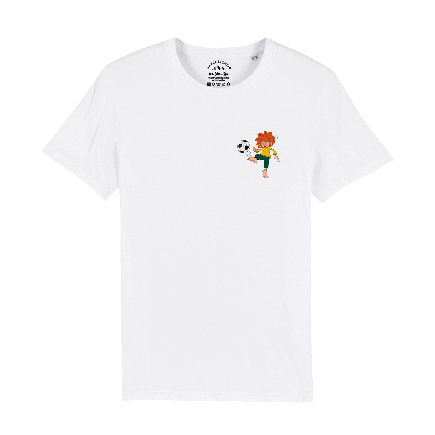 Weißes Herren-T-Shirt mit Pumuckl-Fußball-Motiv vorne, Rückenaufdruck "Pumuckl 82", 100 % Bio-Baumwolle.