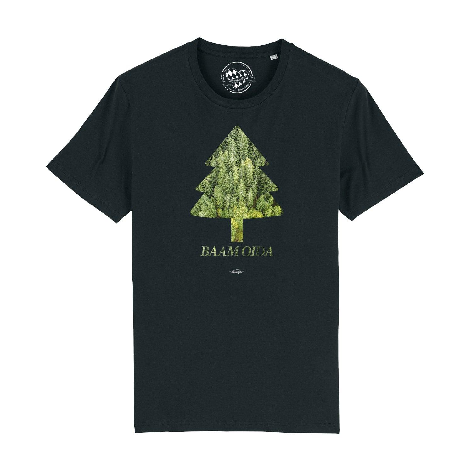 Schwarzes Herren-T-Shirt mit weißem Schriftzug „BAAM OIDA“, Rundhals, aus 100 % Bio-Baumwolle, kurzärmelig.