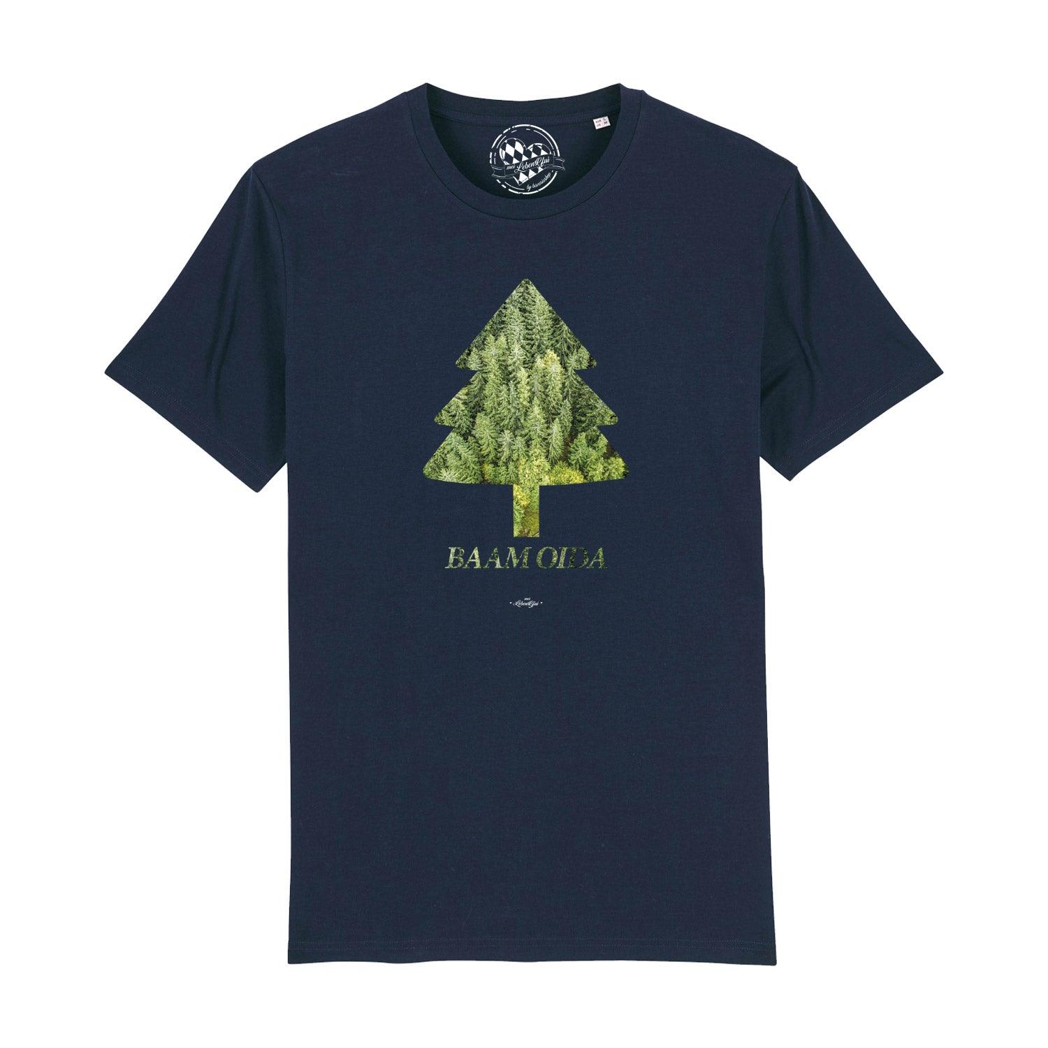 Schwarzes Herren-T-Shirt mit weißem „BAAM OIDA“-Schriftzug, Rundhalsausschnitt, aus 100 % Bio-Baumwolle.