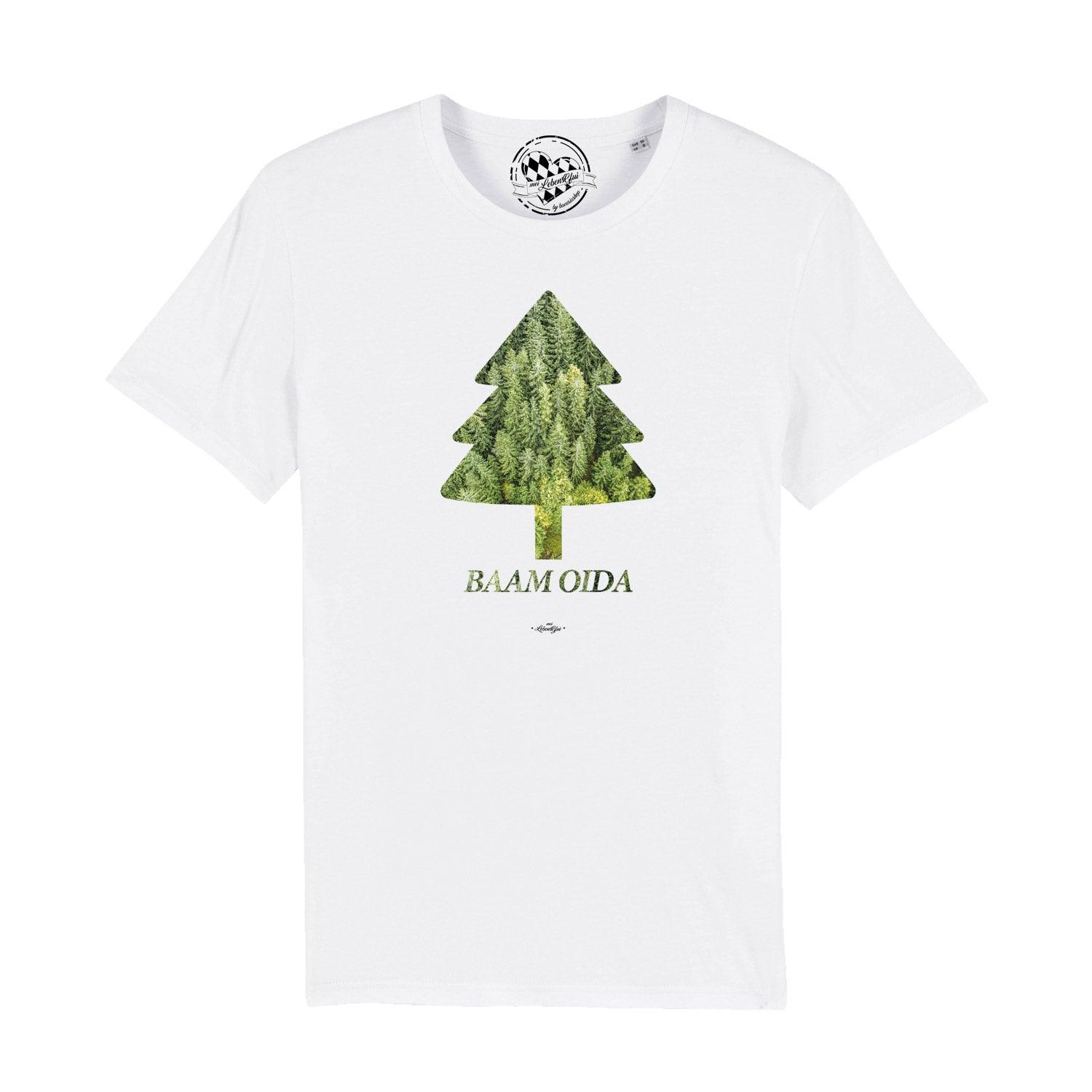 Schwarzes Herren-T-Shirt mit weißem „BAAM OIDA“-Schriftzug, Rundhalsausschnitt, aus 100 % Bio-Baumwolle.