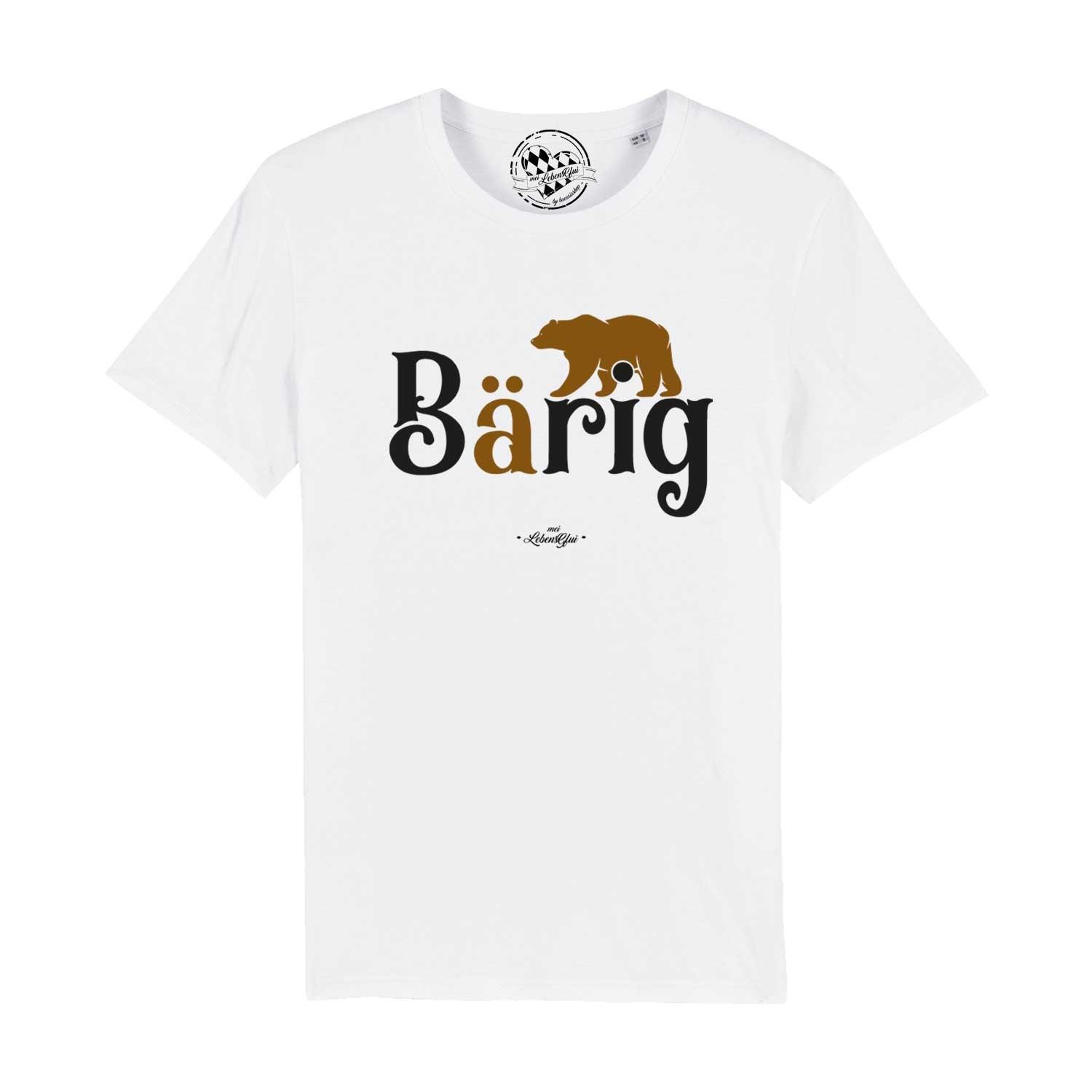 Herren T-Shirt in Dunkelblau mit weißem Bär-Motiv und Schriftzug „Bärig“, aus 100 % Bio-Baumwolle.