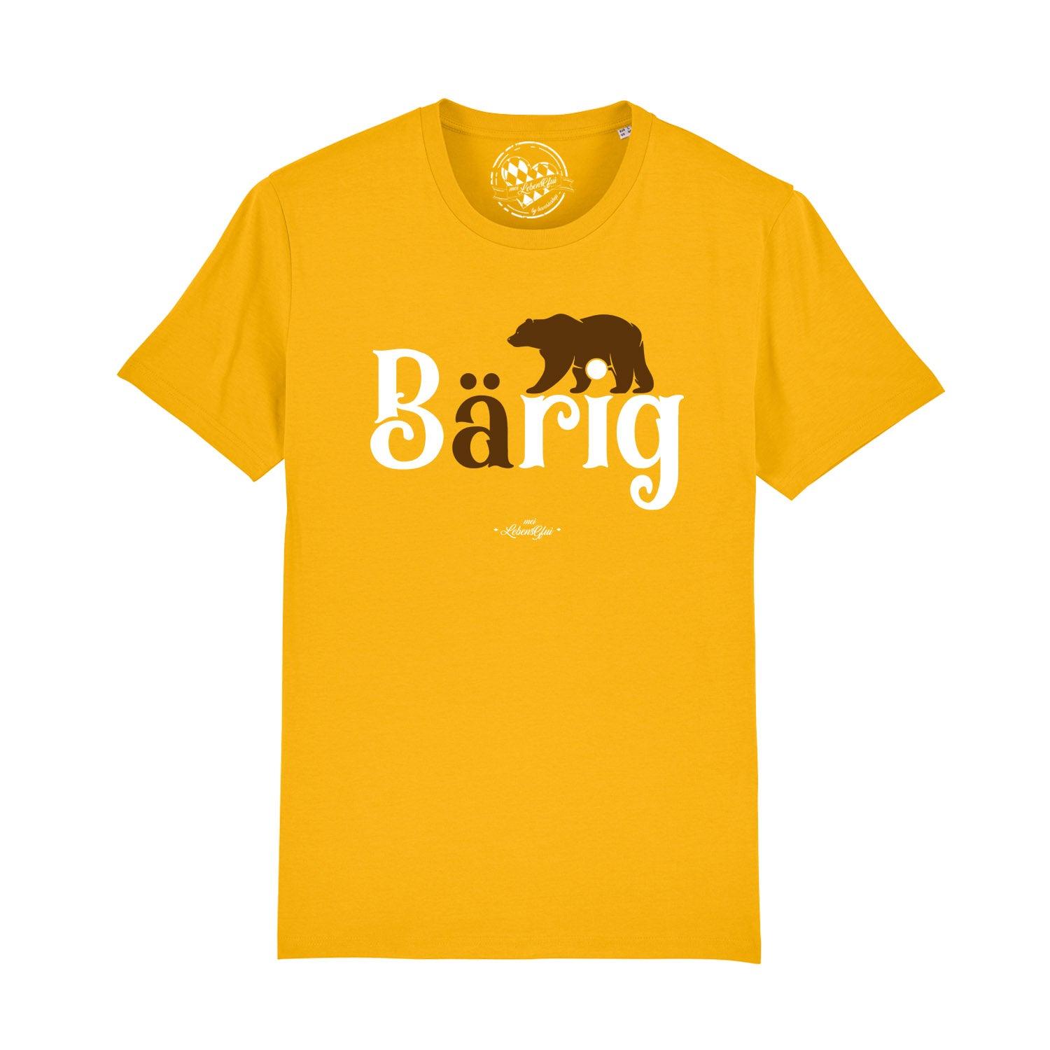Dunkelblaues Herren-T-Shirt mit großem weißen Bären-Motiv und bayerischem Schriftzug „bärig“, aus Bio-Baumwolle.