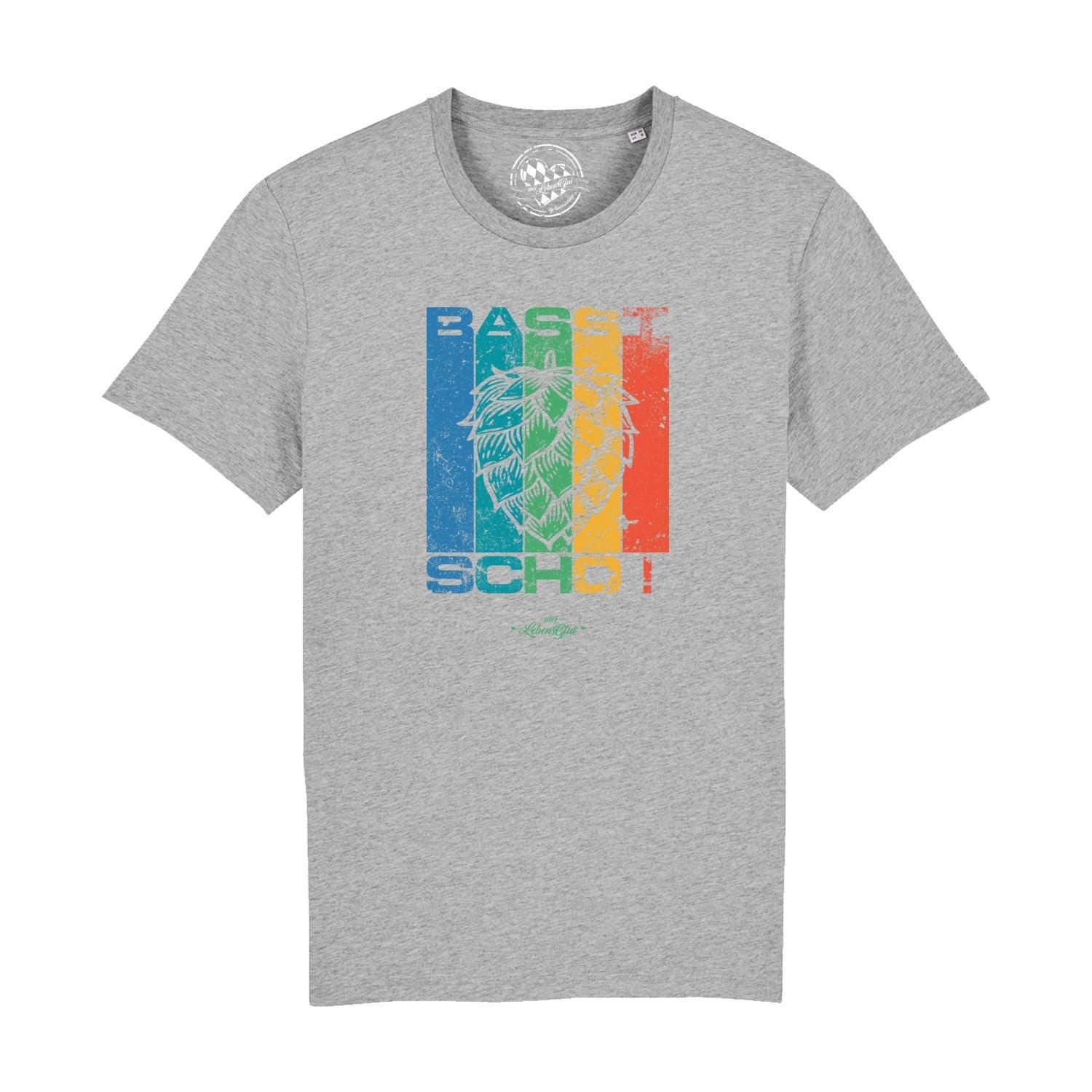 Schwarzes Herren-T-Shirt mit weißem Mundart-Schriftzug „Basst scho“, Kurzarm, aus 100 % Bio-Baumwolle.