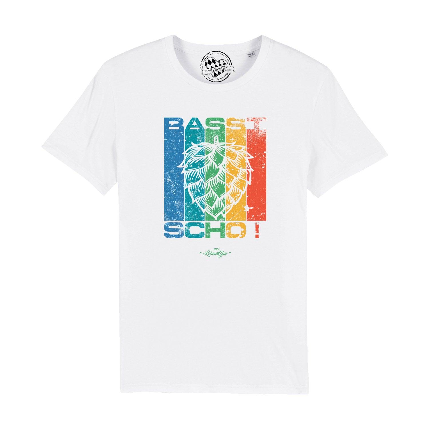 Herren T-Shirt Basst scho in Weiß mit farbigem Hopfen-Print und Schriftzug.