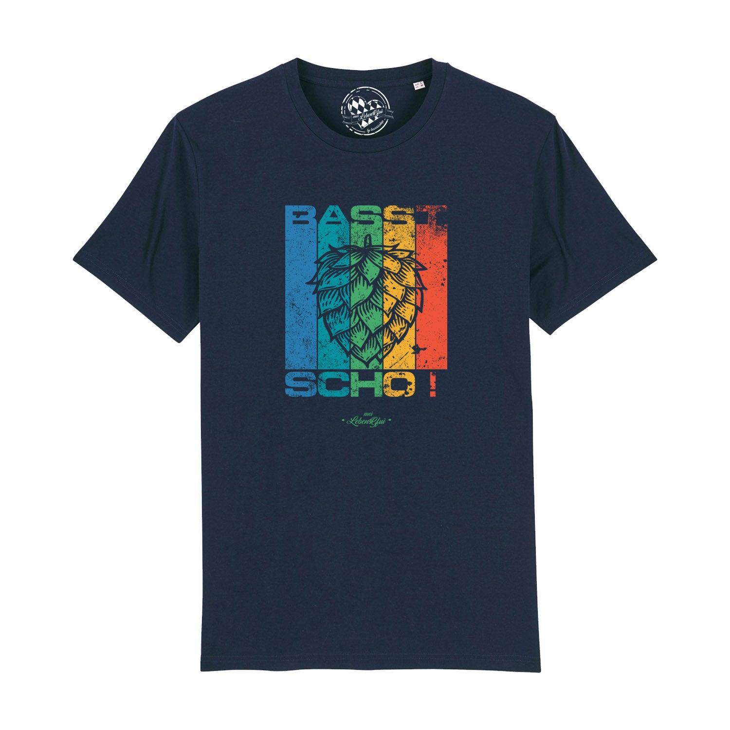 Schwarzes Herren T-Shirt mit weißem „Basst scho“-Schriftzug in bayerischer Mundart, aus 100 % Bio-Baumwolle.