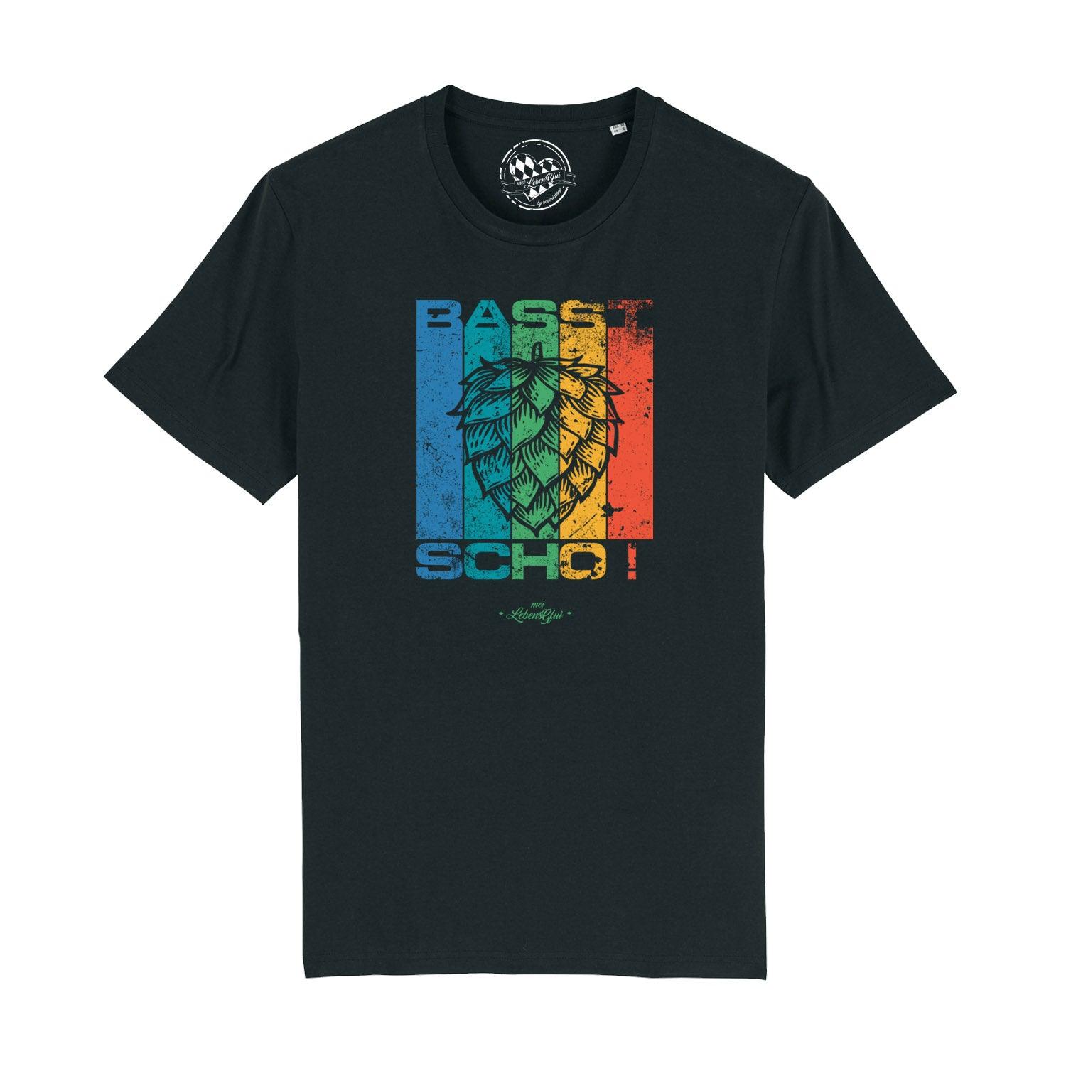 Herren T-Shirt in Dunkelblau mit weißem Frontdruck „Basst scho“, Rundhals, aus 100 % Bio-Baumwolle.