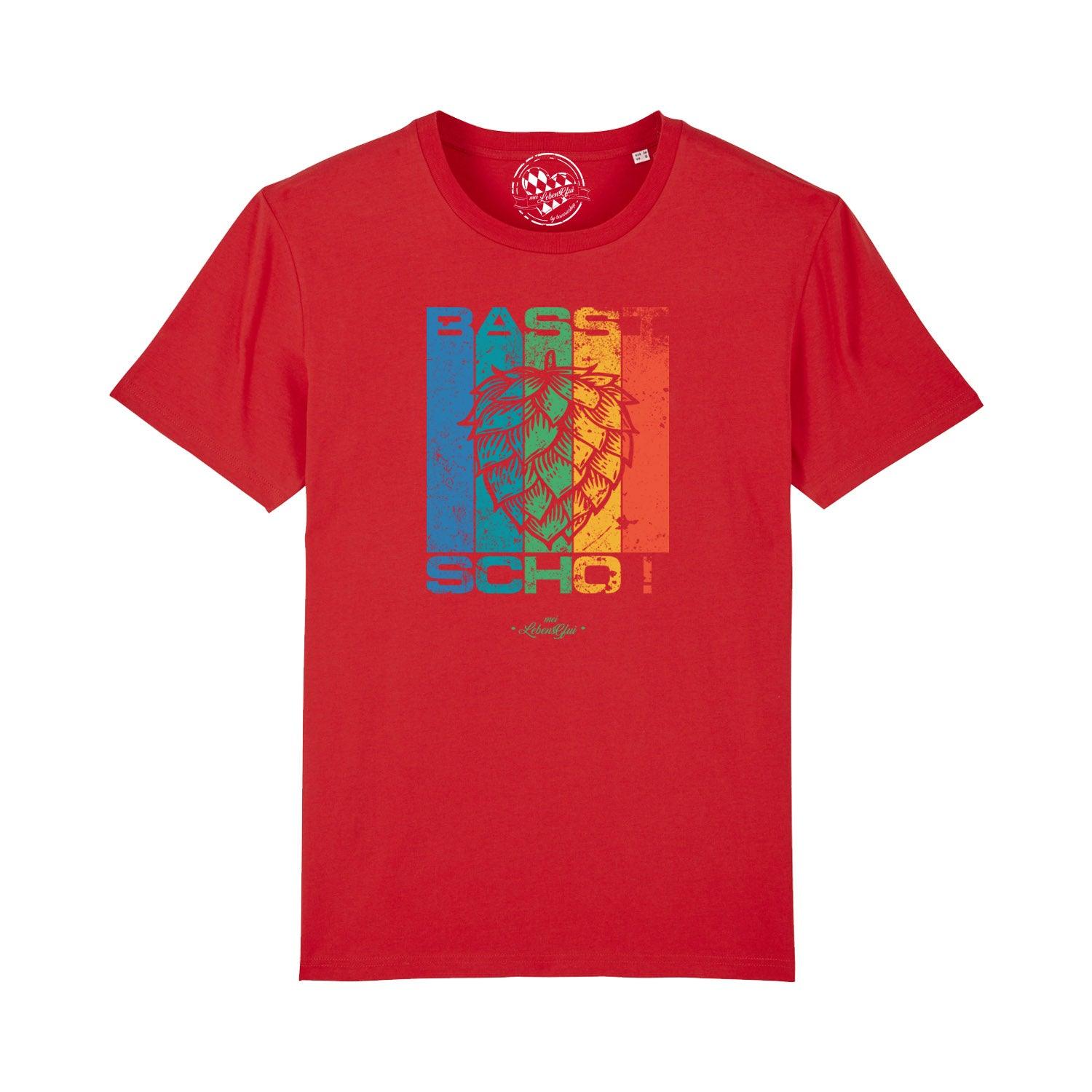 Schwarzes Herren-T-Shirt mit weißem Schriftzug „Basst scho“ auf der Brust und klassischem Rundhalsausschnitt aus Bio-Baumwolle.