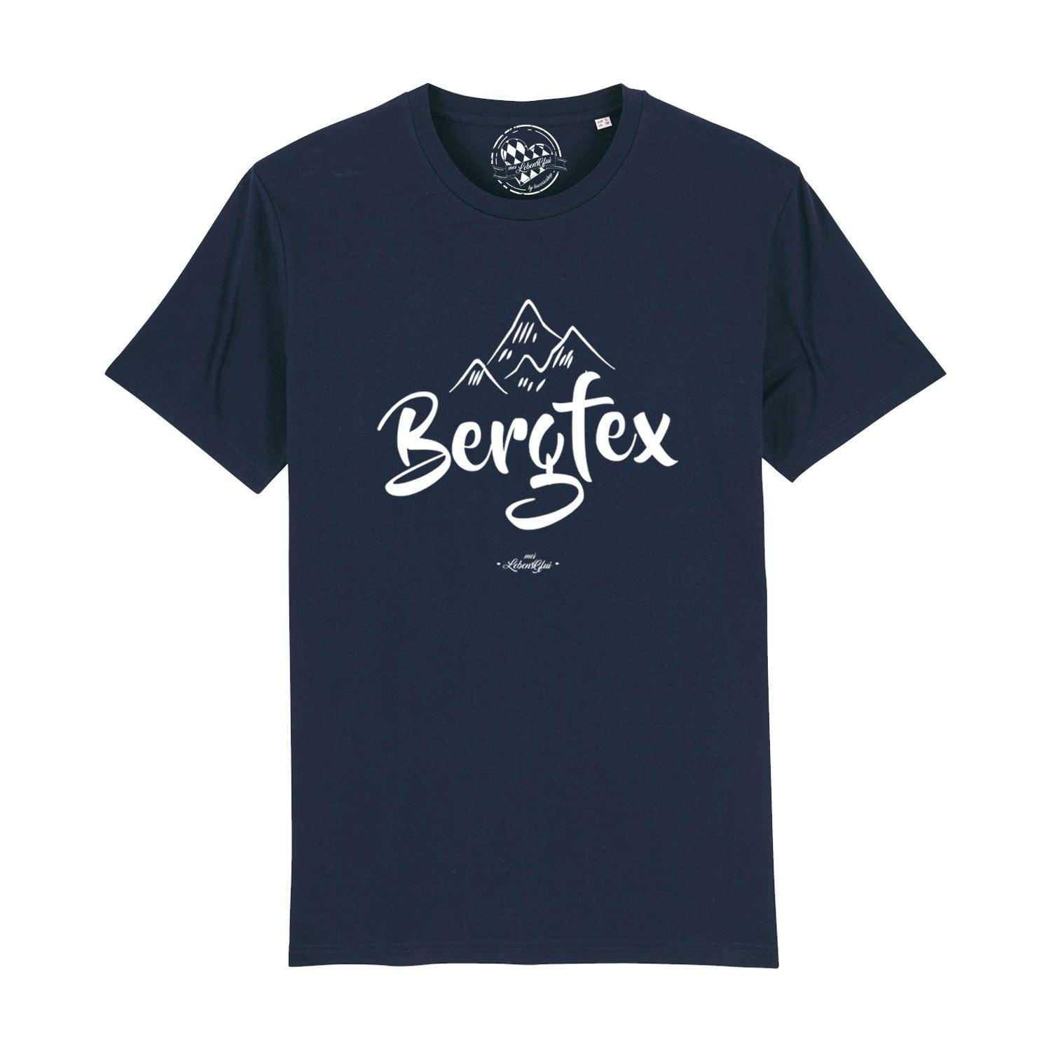 Graues Herren-T-Shirt mit Brustaufdruck „Bergfex“ in Weiß, Rundhalsausschnitt, 100 % Bio-Baumwolle.