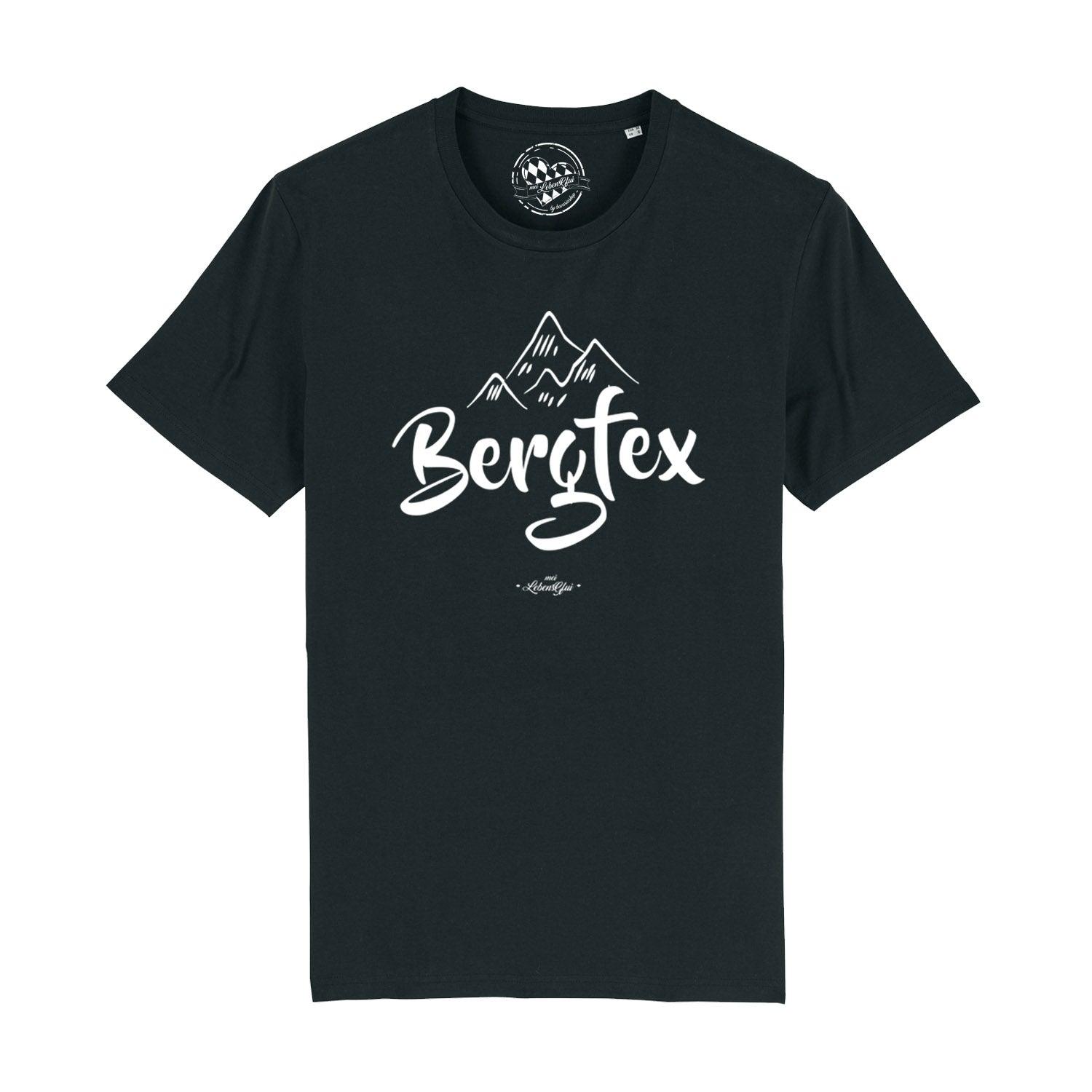 Schwarzes Herren-T-Shirt mit weißem "Bergfex"-Schriftzug, klassischem Rundhalsausschnitt, aus 100 % Bio-Baumwolle.