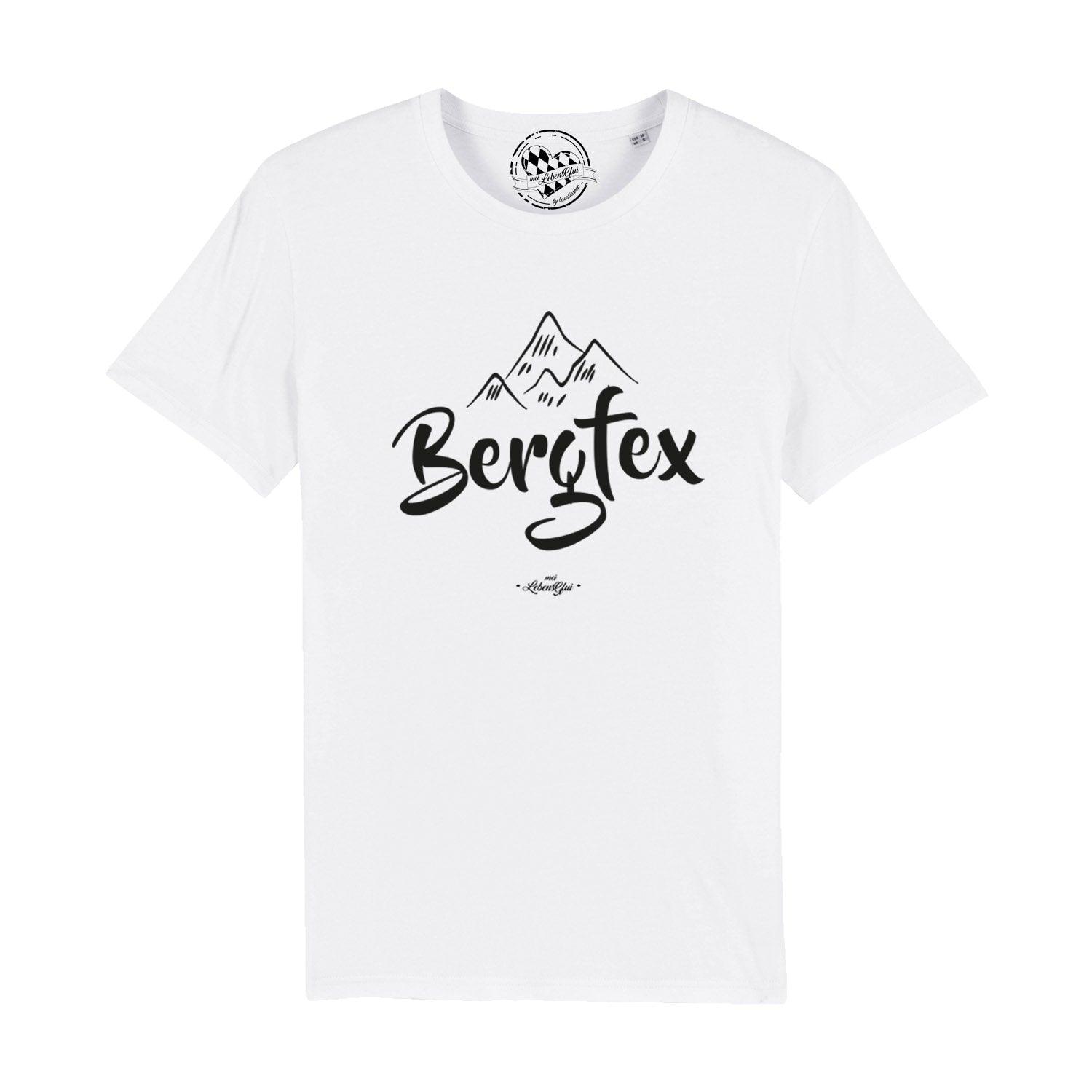 Herren T-Shirt in Dunkelblau mit weißem Schriftzug „Bergfex“, klassischer Schnitt, 100 % Bio-Baumwolle.
